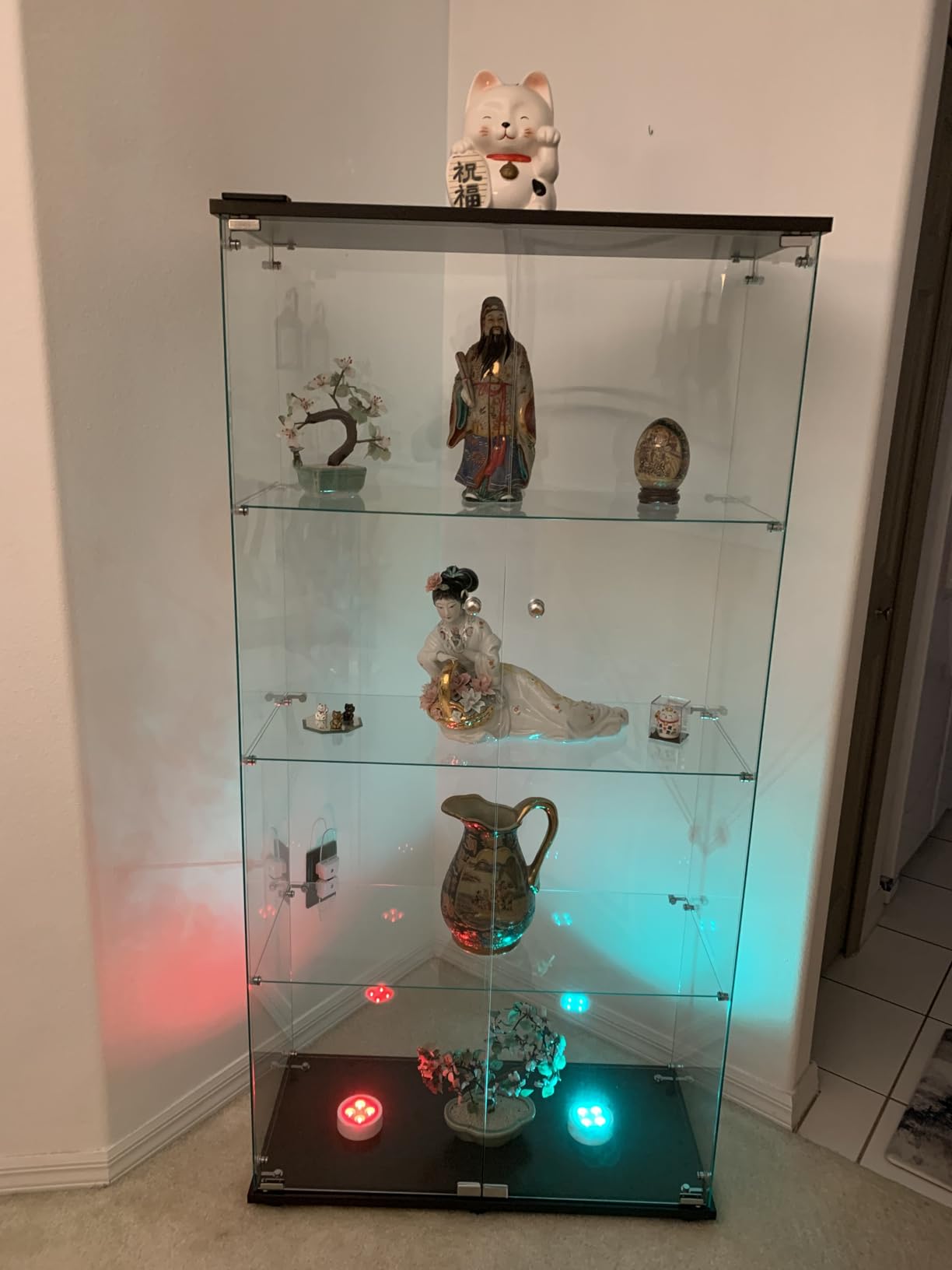 Tempered Glass Display Cabinet with Lights, 4-Tier Curio Cabinet with Glass Doors and Lock, Glass Display Case for Collectibles, for Living Room, Bedroom, Office, Black, Double Door customer photo 1