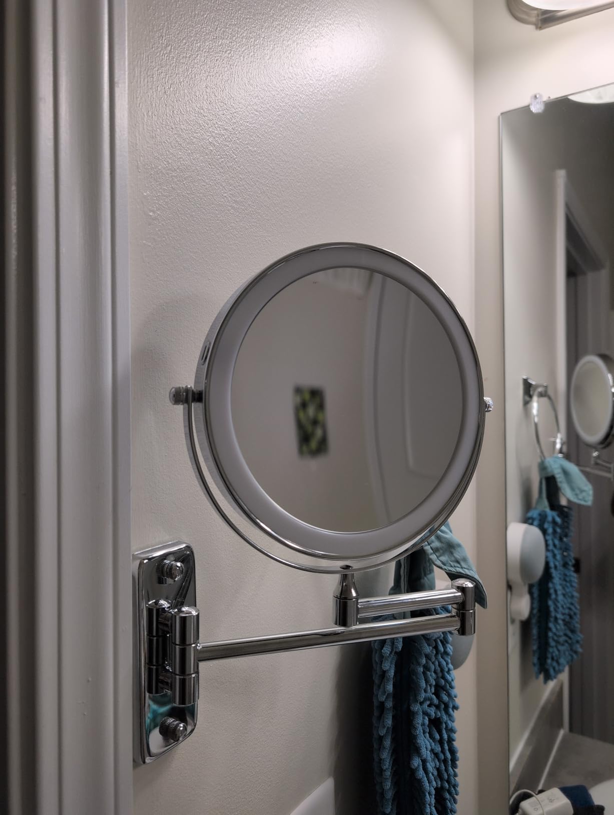 DECLUTTR Wall Mounted Lighted Makeup Mirror, Rechargeable 1X/15X Magnifying Mirror 8 Inch Double Sided, 3 Colors Vanity Mirror with Lights, Touch Dimmable 360° Rotation Foldable customer photo 1