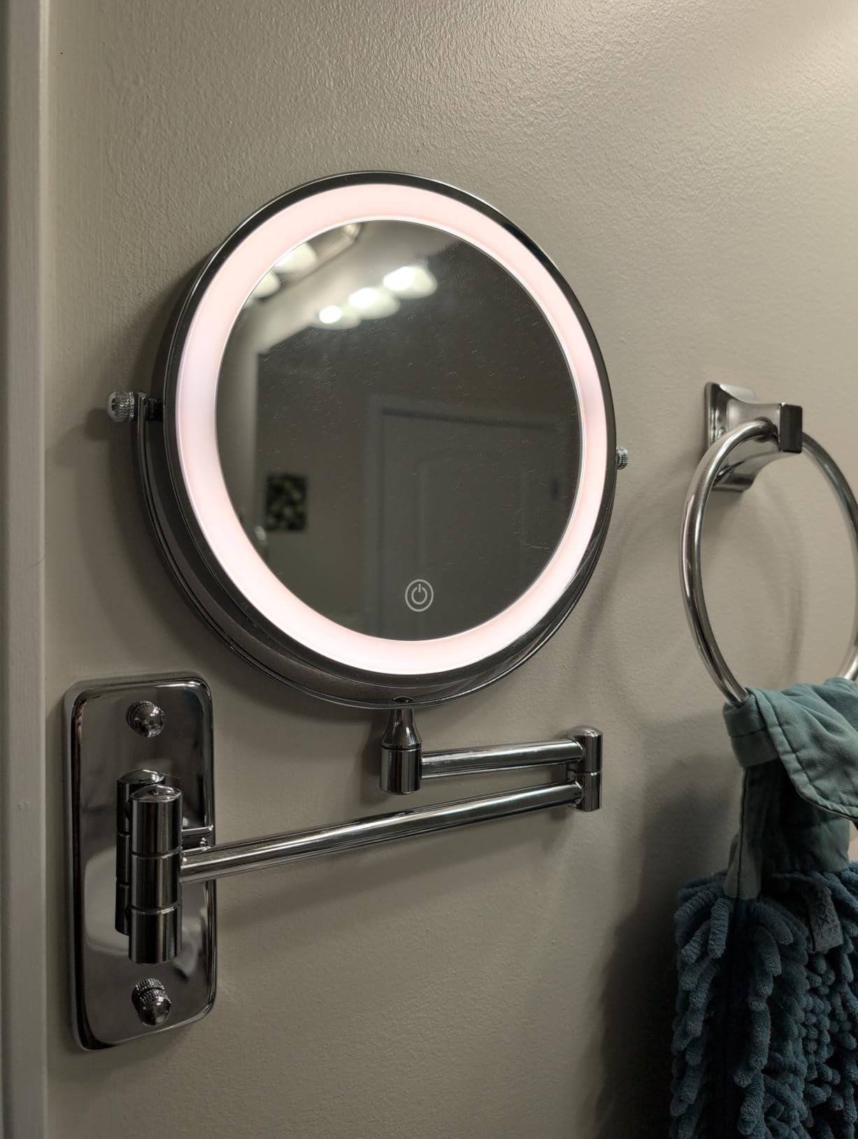 DECLUTTR Wall Mounted Lighted Makeup Mirror, Rechargeable 1X/15X Magnifying Mirror 8 Inch Double Sided, 3 Colors Vanity Mirror with Lights, Touch Dimmable 360° Rotation Foldable customer photo 2