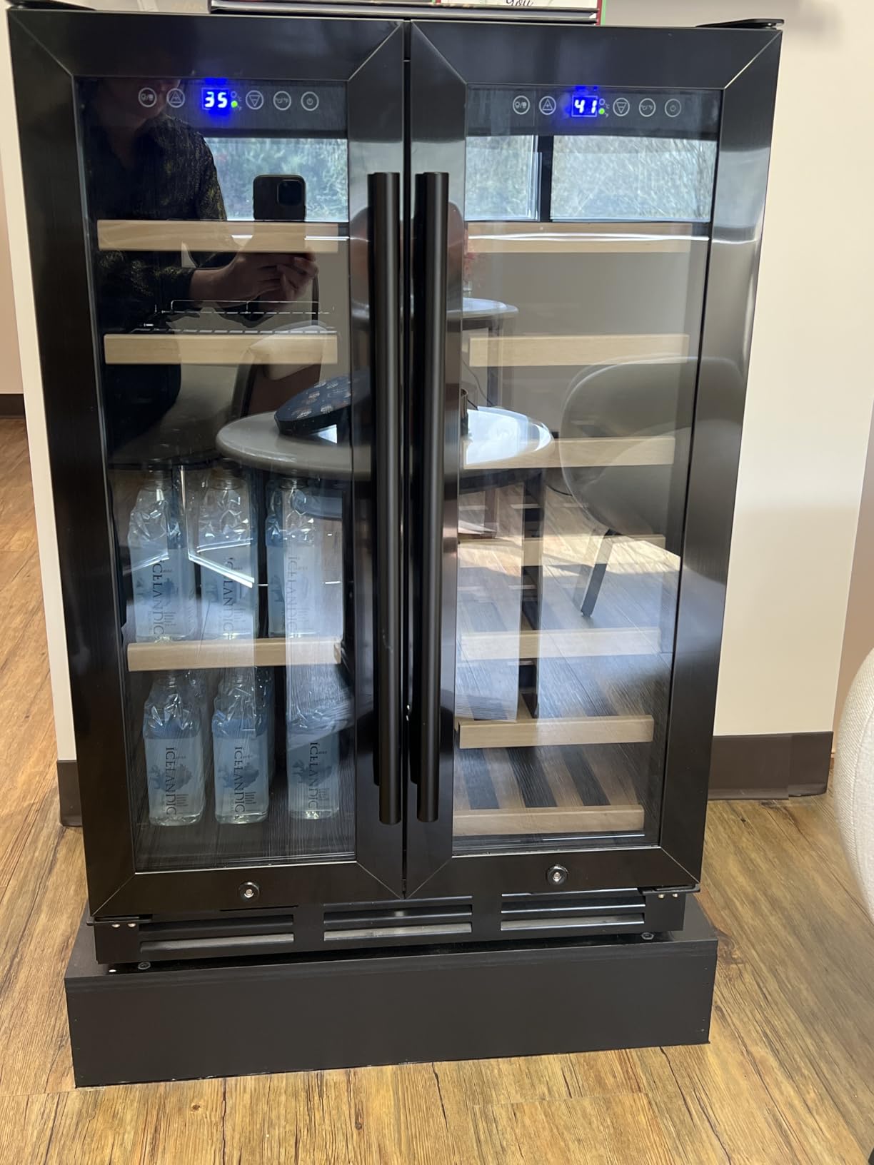 Wine and Beverage Refrigerator, 24 Inch Built-In Wine Fridge with Glass Door, Holds 20 Wine Bottles & 60 Cans, Under Counter Refrigerator with Quiet Cooling System & Blue LED Light(Black) customer photo 1