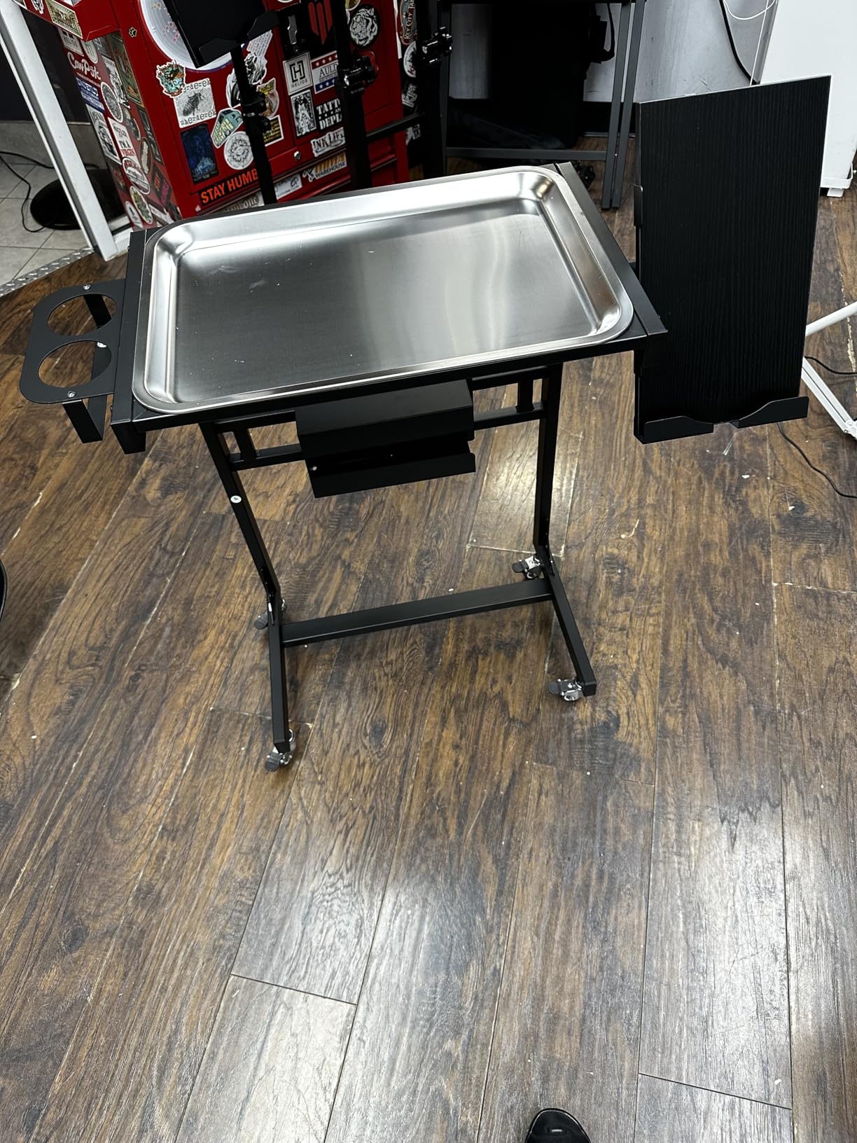POARMEEY Stainless Steel Tattoo Tray Cart on Wheels, Service Rolling Tray with Extension Rotatable Table Stand, Tattoo Storage Utility Tray for Salon Spa Dental Use customer photo 1