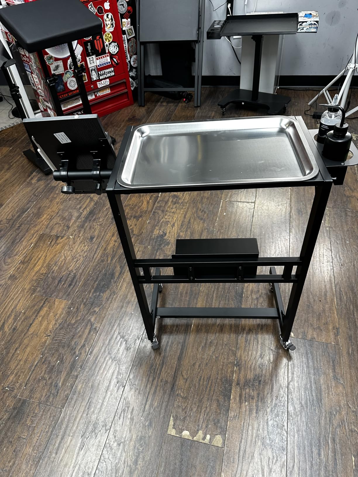 POARMEEY Stainless Steel Tattoo Tray Cart on Wheels, Service Rolling Tray with Extension Rotatable Table Stand, Tattoo Storage Utility Tray for Salon Spa Dental Use customer photo 2