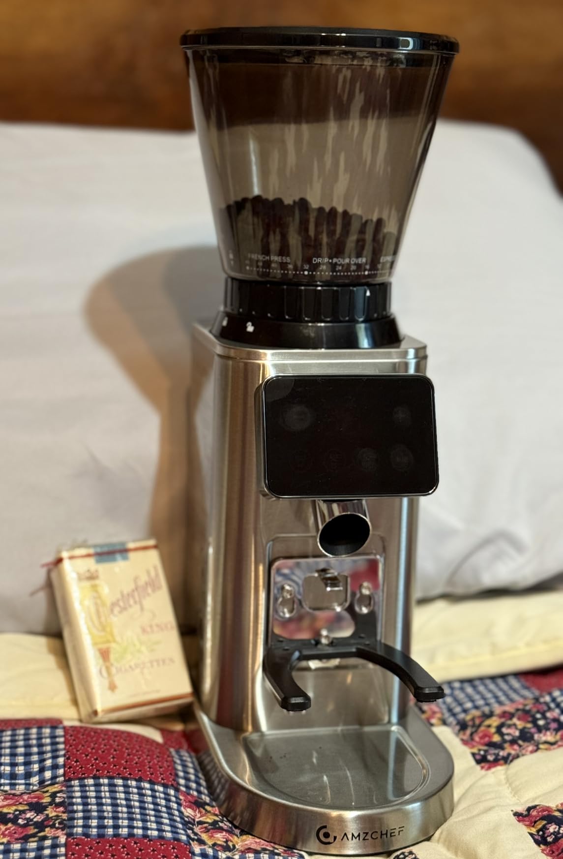 AMZCHEF Coffee Grinder, Burr Coffee Bean Grinder for Home Use with 48 Precise Grind Settings, Detachable Funnel Stand for Espresso, LED Control Panel, Anti-static Design, Silver customer photo 1