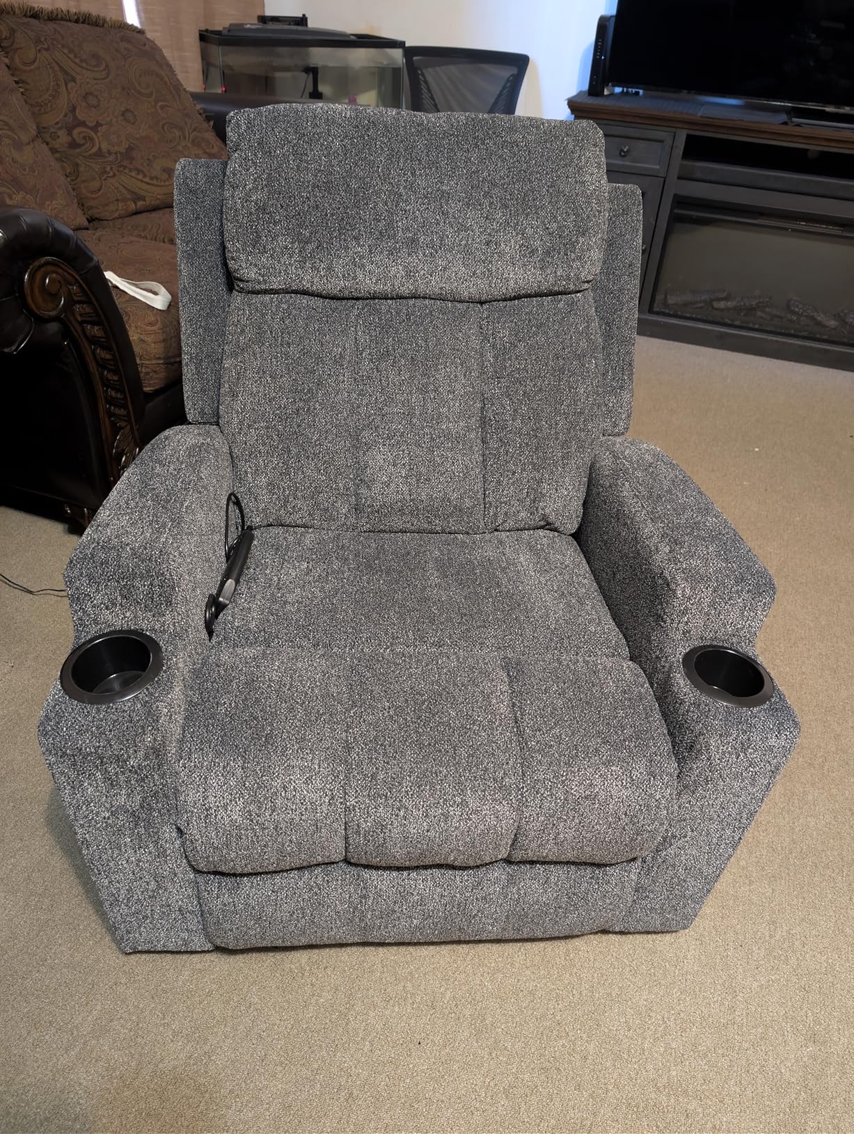 CANMOV Manual Recliner Chair with Massage and Heat, Soft Fabric Recliner Chair with Overstuffed Arm and Back, Manual Reclining Single Sofa with 2 Cup Holders, Side Pocket for Living Room, Dark Grey customer photo 2