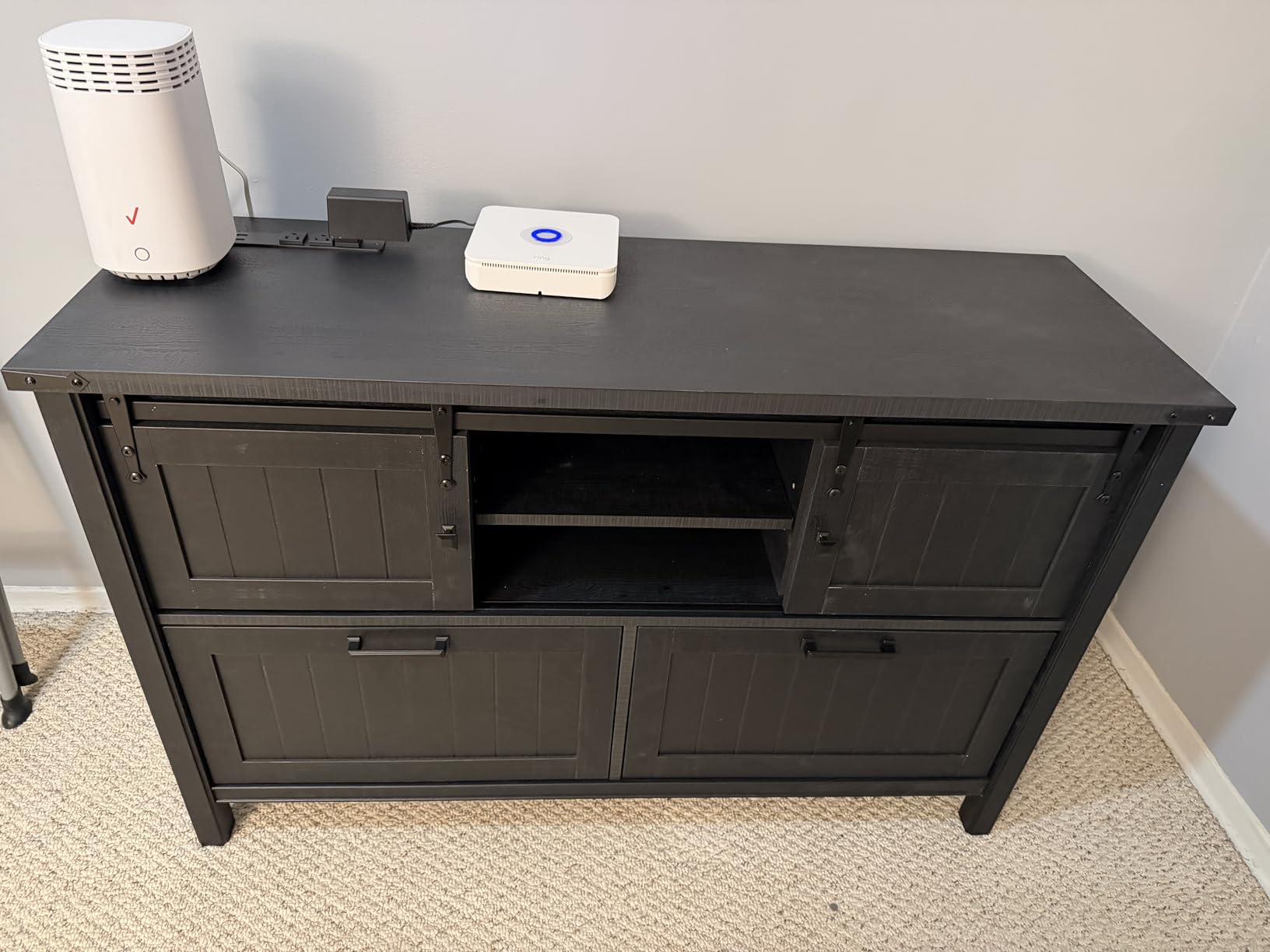 Lateral File Cabinet 2 Drawer with Power Outlets, Farmhouse Filing Cabinets with Storage Shelf for Home Office, Wooden File Folder for Hanging Files Letter/FC/A4, Black customer photo 1