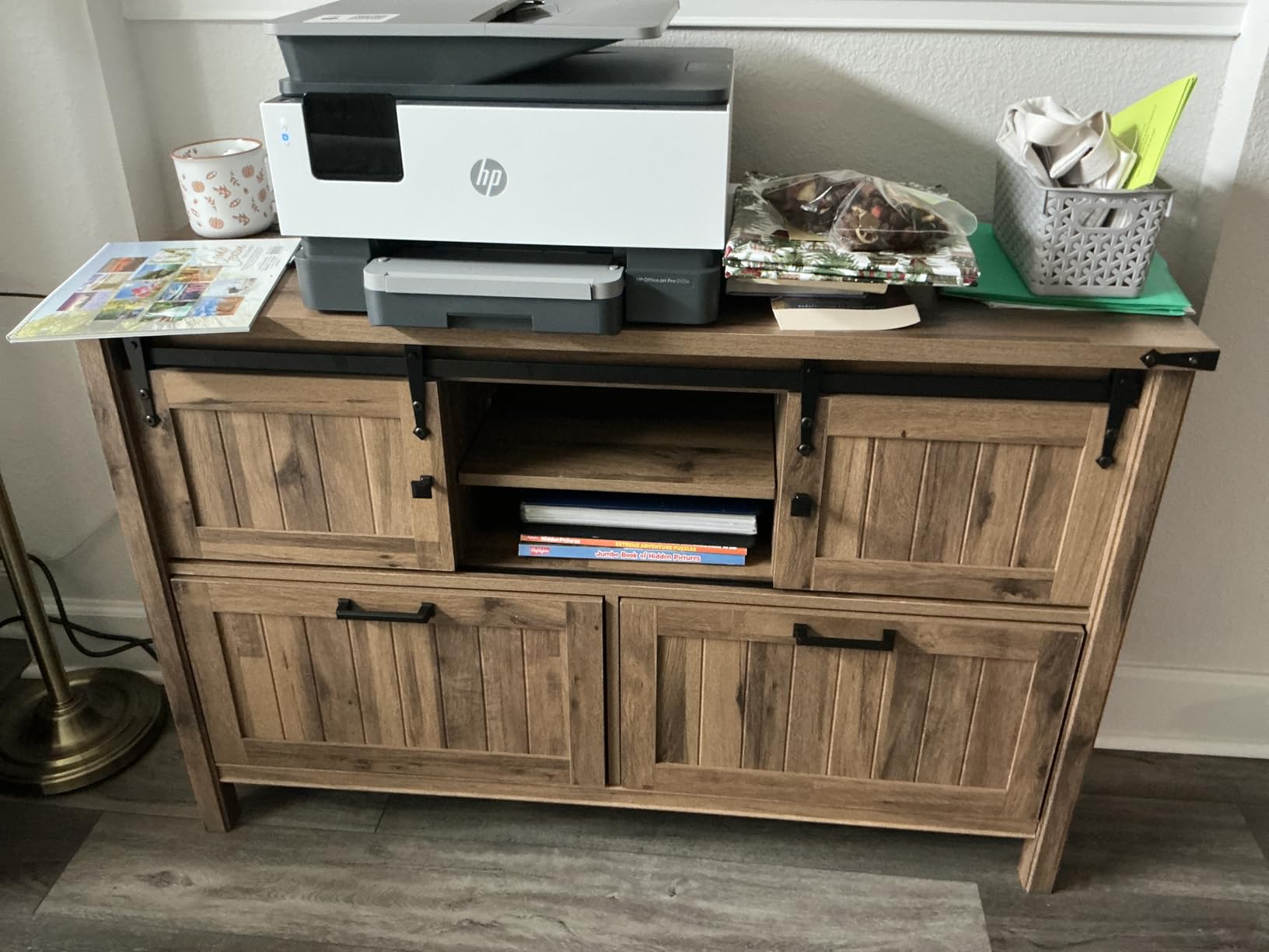 Lateral File Cabinet 2 Drawer with Power Outlets, Farmhouse Filing Cabinets with Storage Shelf for Home Office, Wooden File Folder for Hanging Files Letter/FC/A4, Black customer photo 2