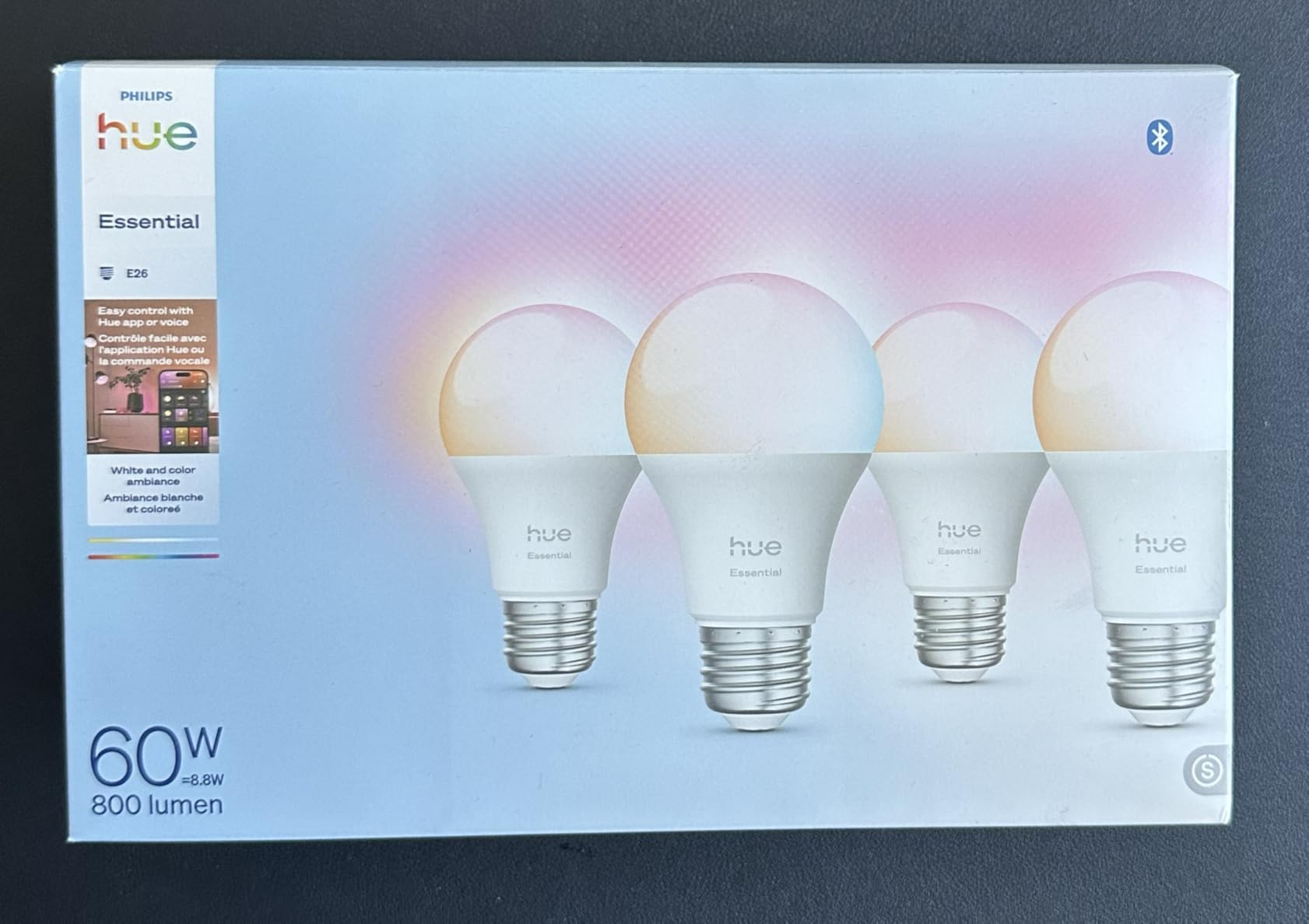 Philips Hue Essential Smart LED A19 Bulb, White and Color Ambiance, E26 Base, 8.8W, 2200K-6500K, 800 Lumens, Dimmable, Works with Alexa, Google, and Apple Home, 4-Pack customer photo 1