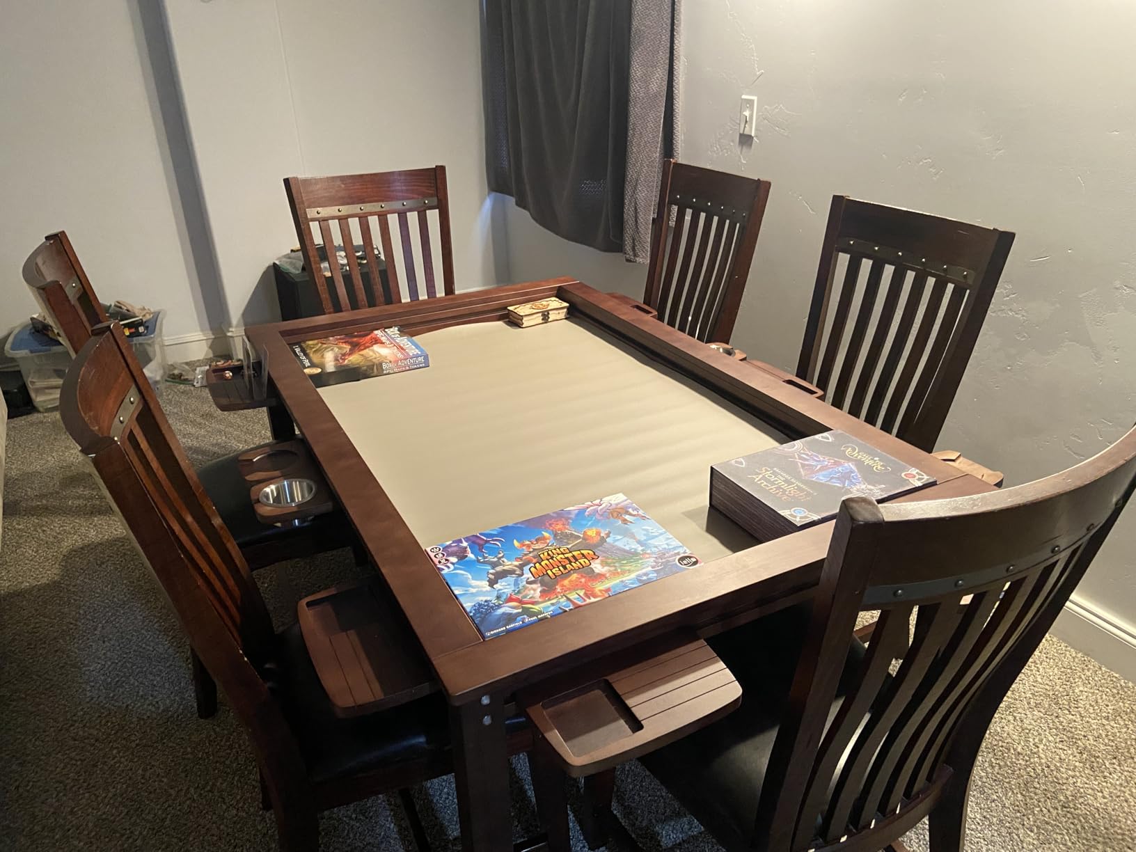 Convertible Board Game Table for 4-6 Players, Spacious Gaming Space w/Clean-Edge Table Top, Non-Slip Play Mat, Cup Holder & Game Tray, Dining Table w/Storage customer photo 1