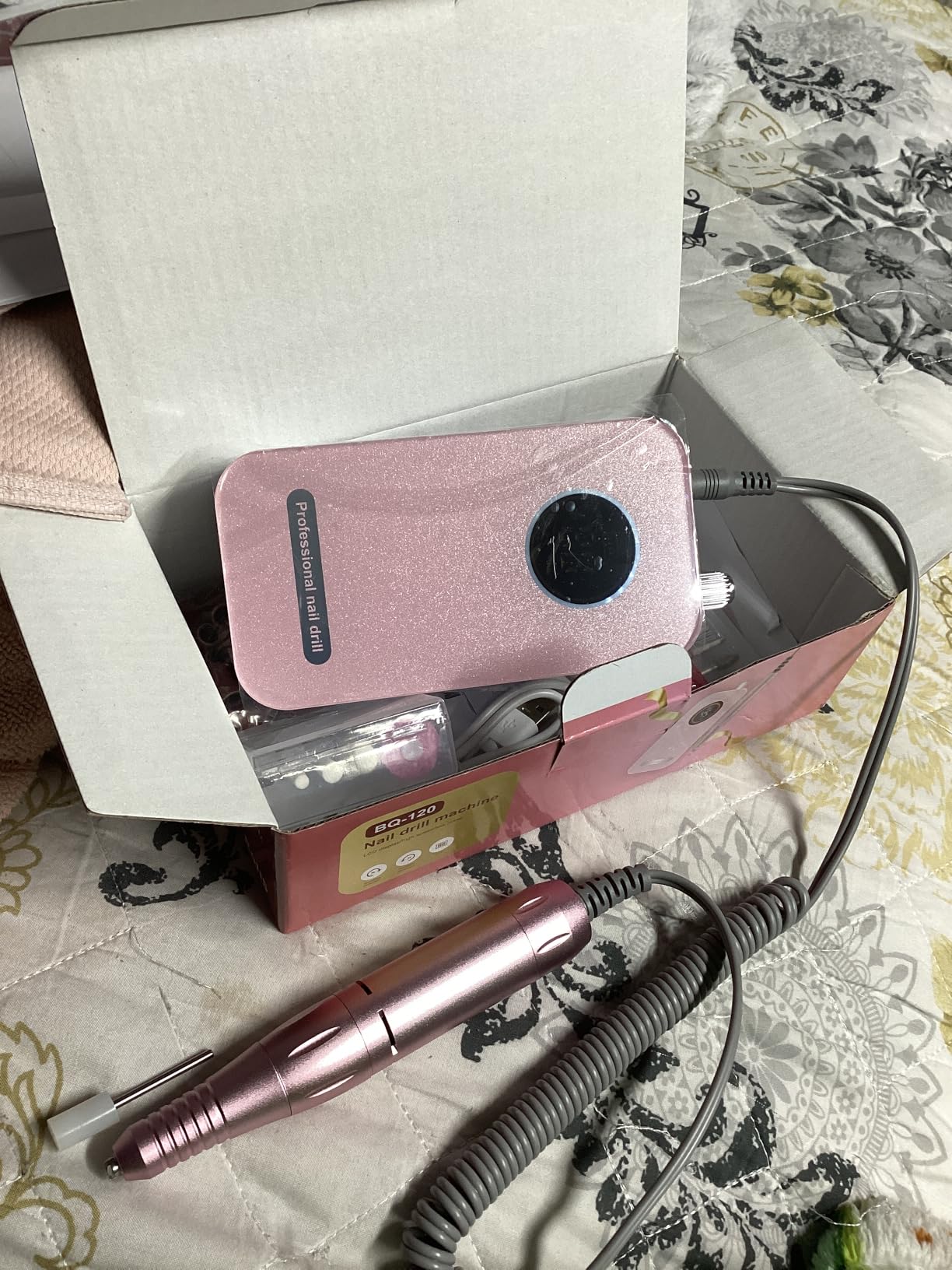 Professional Nail Drill Electric File 45000RPM, Portable Rechargeable Electric Nail File with 11 Drill Bits & 50 Sanding Bands, Low Noise Nail Drill Kit for Acrylic Gel Nails, Salon & Home Use, Pink customer photo 1