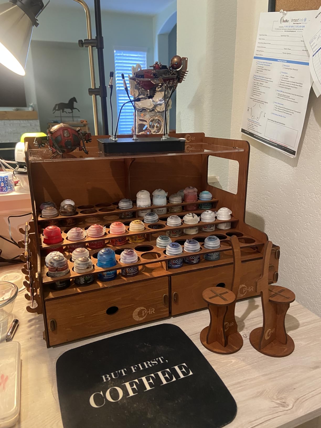 OPHIR Paint Organizer, Wooden 104 Holes Paint Holder with 26 Brush Holes, 1 Brush Holder with 6 Slots, 2 Painting Handles, 2 Drawers for Miniature Paints Storage customer photo 1