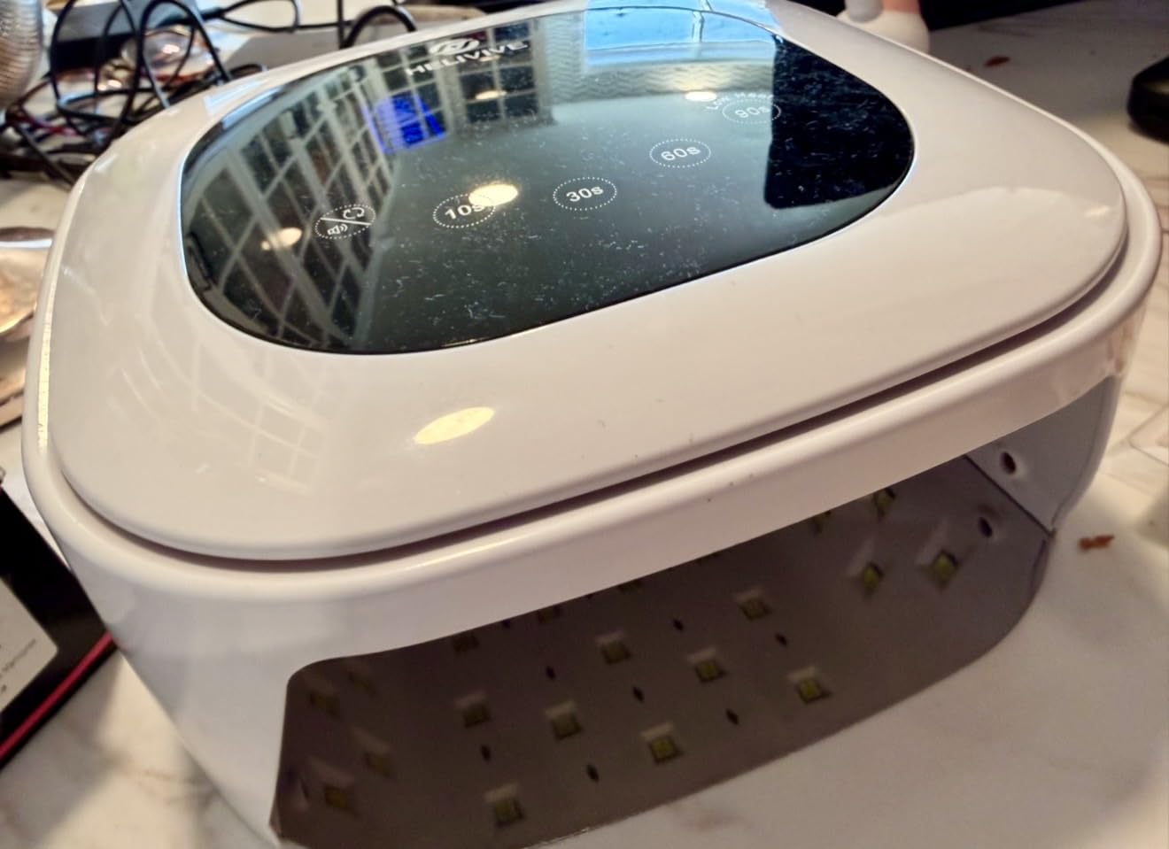 Cordless UV LED Nail Lamp, 80W Rechargeable Nail Dryer with 4 Timers, Atmosphere Light & Mirror Base, UV Light for All Gel Nails, Ideal for Training,Nail Art Practice,Home & Salon Use (White) customer photo 1