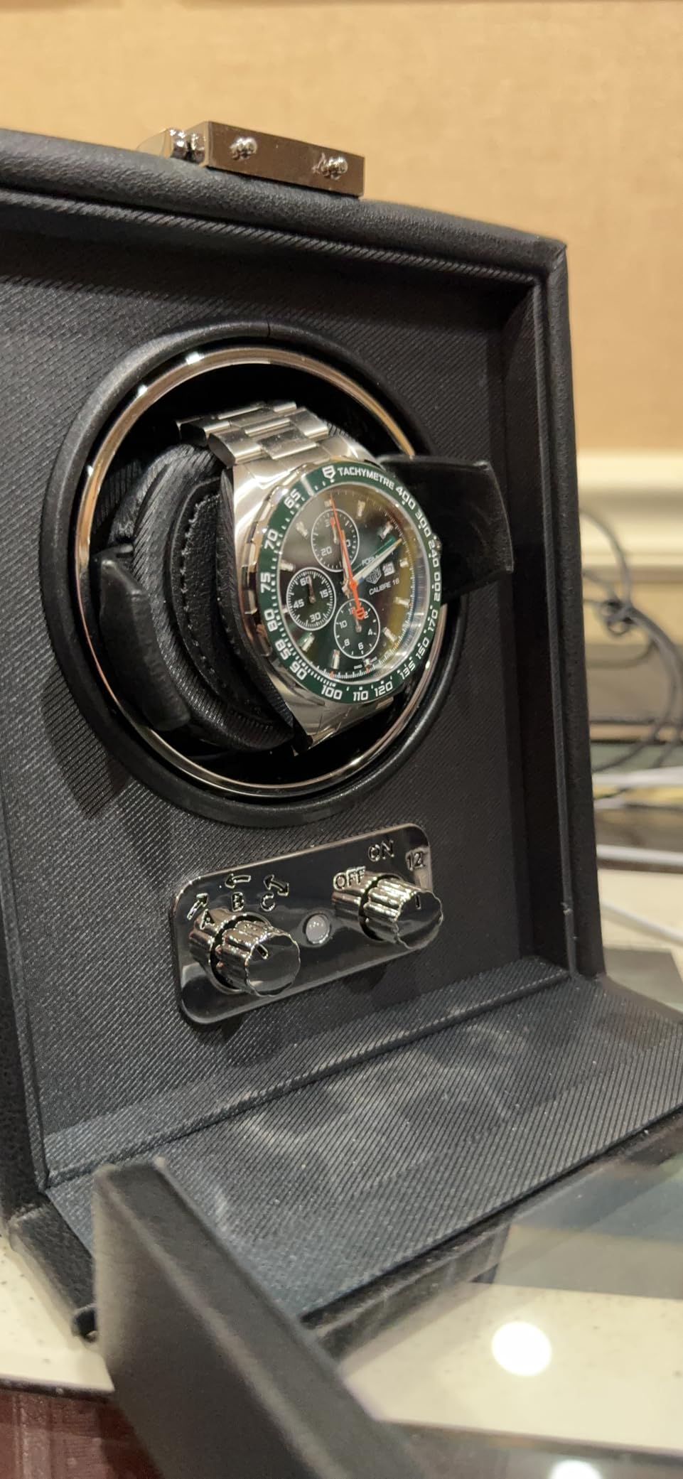 WOLF Heritage 4-Piece Winder with Glass Cover, Black - Secure Fit with Patented Lock-In Dynamic Cuff - For Bigger, Heavier Watches - Vegan Leather - Includes Universal Adapter customer photo 1