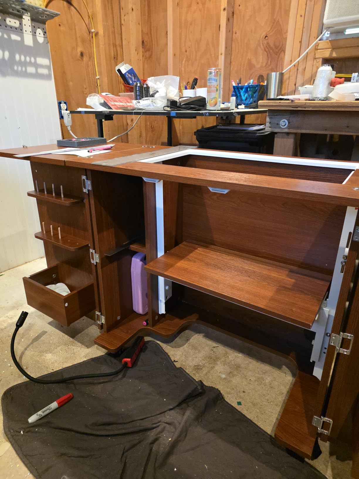 Kangaroo Bandicoot Sewing Cabinet with Lift - Quilting & Sewing Machine Table with Expandable Work Surface & Storage, Teak customer photo 2