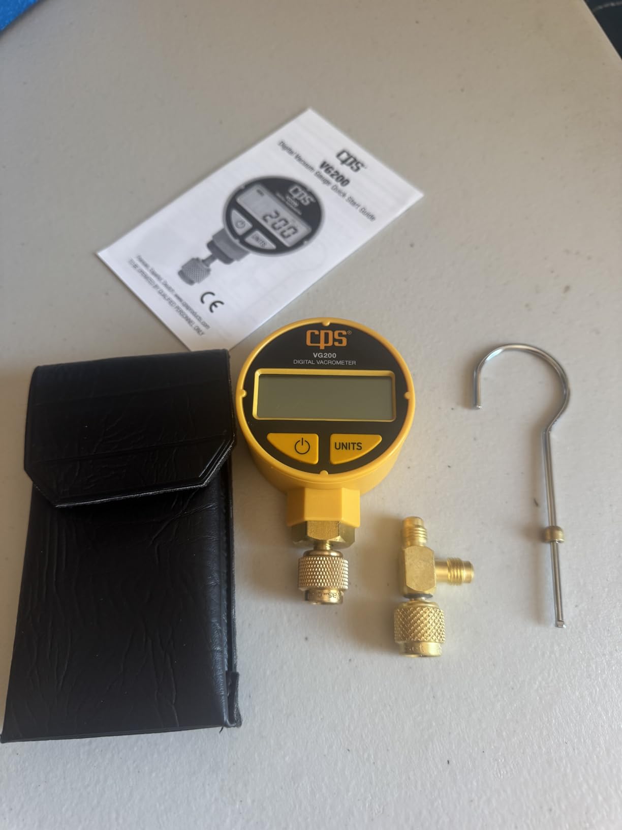CPS VG200 Digital Vacrometer Vacuum Gauge, Measures Microns, Millibar, TORR, Inches/HG, Two Button Operation, Automatic Temperature Compensation, 5-digit LCD Display, Padded Case, T-Fitting and Hook customer photo 1