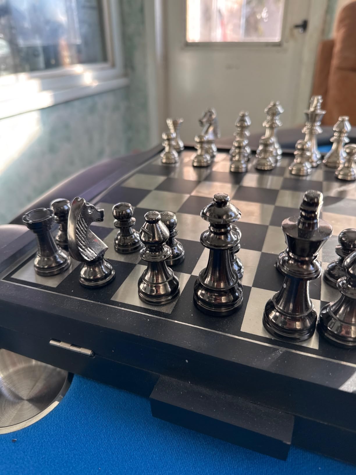 Deco 79 Aluminum Chess Game Set with Black and Silver Pieces, 17