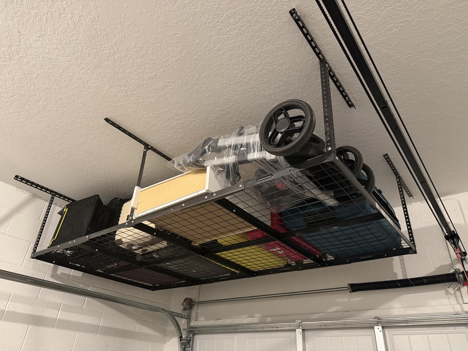 FLEXIMOUNTS 4x8 Overhead Garage Storage Rack, Adjustable Organization System, Heavy-Duty Metal Ceiling Racks, 750lbs Weight Capacity, Black, Classic Series customer photo 1