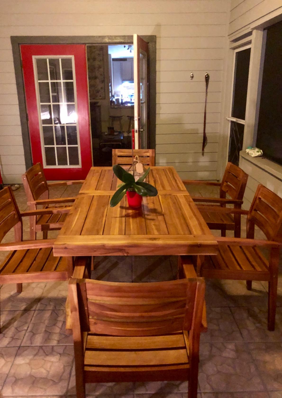Christopher Knight Home Avon Outdoor Acacia Wood Dining Set, 7-Pcs Set, Teak Finish With Rustic Metal Accents customer photo 1