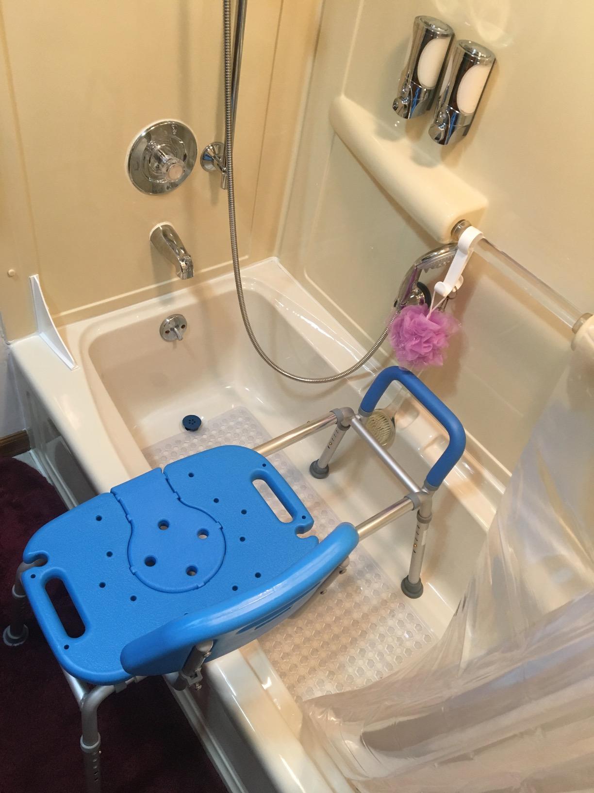 Platinum Health Sliding Shower Chair HydroGlyde Premium Heavy Duty, Padded Bathtub Transfer Bench with Cut Out Seat, for Bath Tub, Adjustable Legs, and Safety Belt, Quick Tool-Less Assembly, Gray customer photo 1