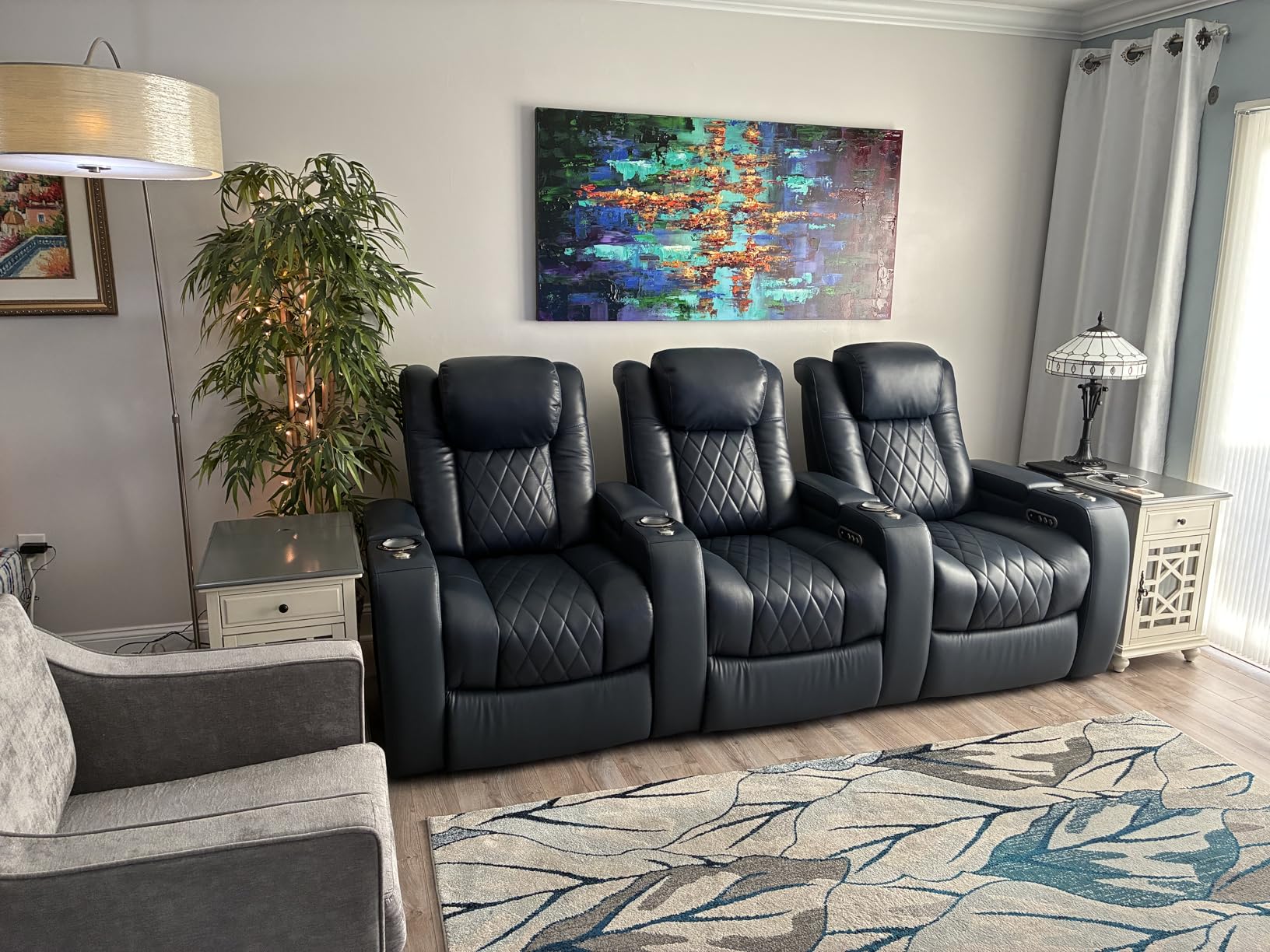 Valencia Tuscany Home Theater Seat - Nappa Leather Power Recliner with Cool Gel Memory Foam, USB-C/USB-A Charging, RGB LED Lights, Adjustable Lumbar & Headrest (Row of 2, Black) customer photo 1