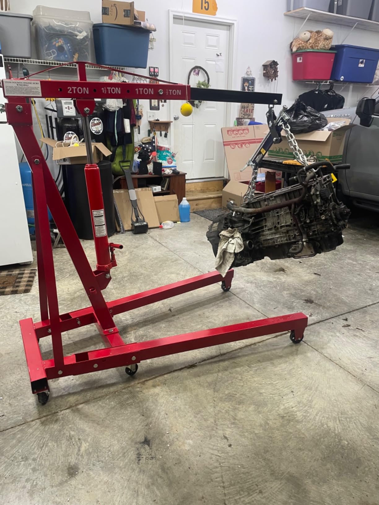 2 Ton Hydraulic Engine Hoist Crane, 4400LBS Folding Heavy-Duty Cherry Picker Engine Hoist with 6 Locking Wheels & 4 Boom Positions for Truck SUV Engines Garage Workshop customer photo 2