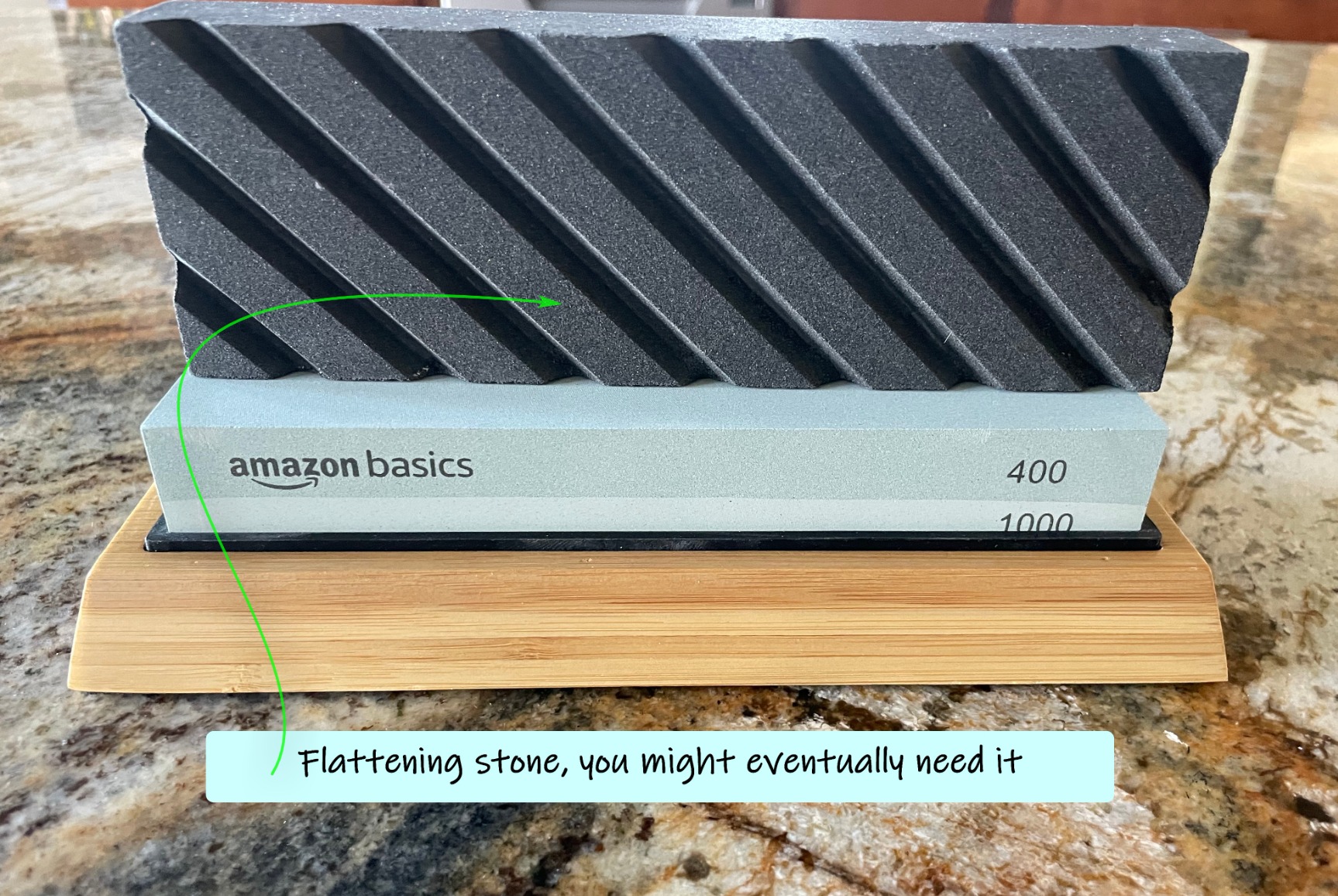 Amazon Basics Whetstone Knife Sharpening Stone Set, Double-sided 400/1000 and 3000/8000 Grit Stones, Flattening Stone with Angle Guide, Non-Slip Bamboo Base customer photo 1