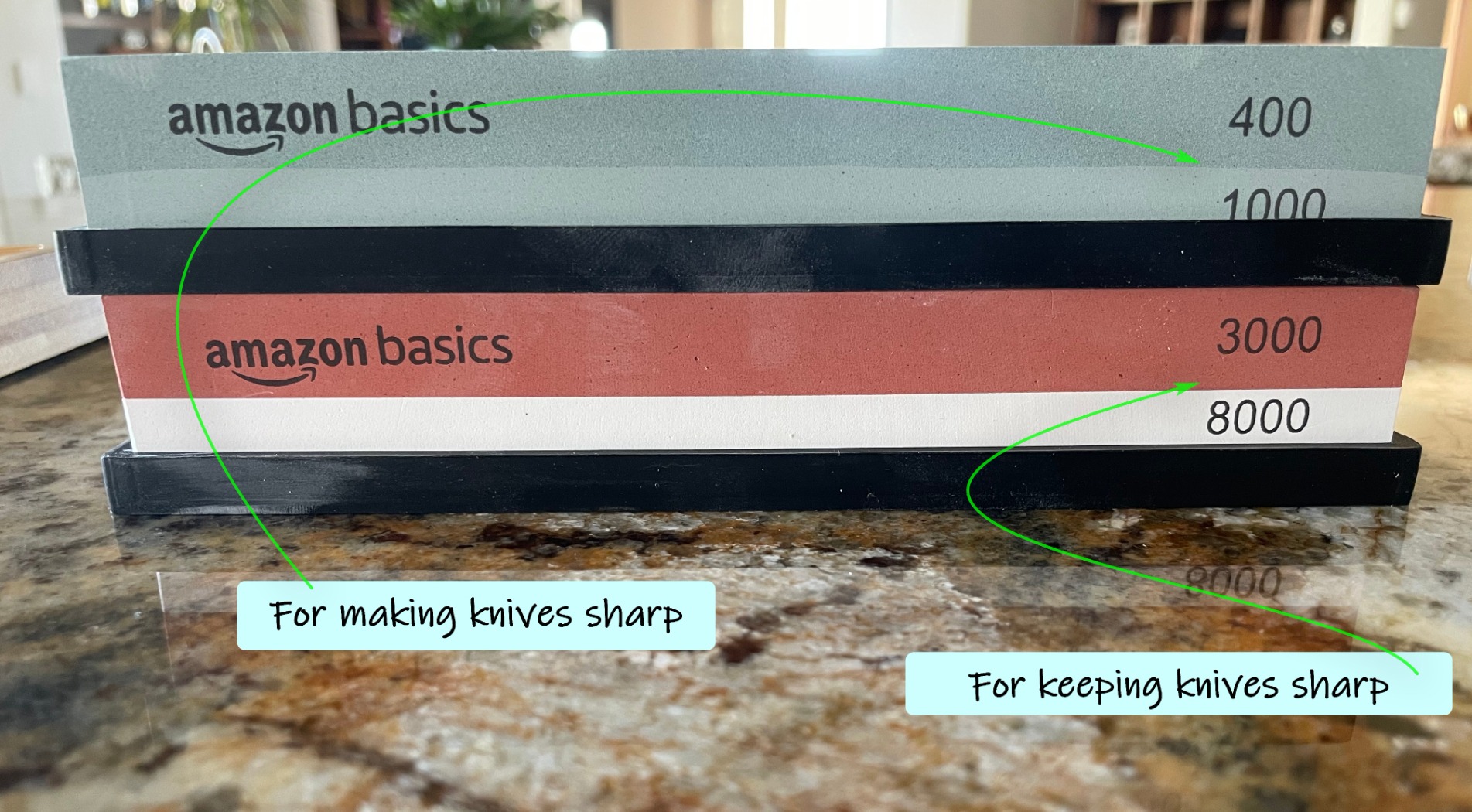 Amazon Basics Whetstone Knife Sharpening Stone Set, Double-sided 400/1000 and 3000/8000 Grit Stones, Flattening Stone with Angle Guide, Non-Slip Bamboo Base customer photo 2