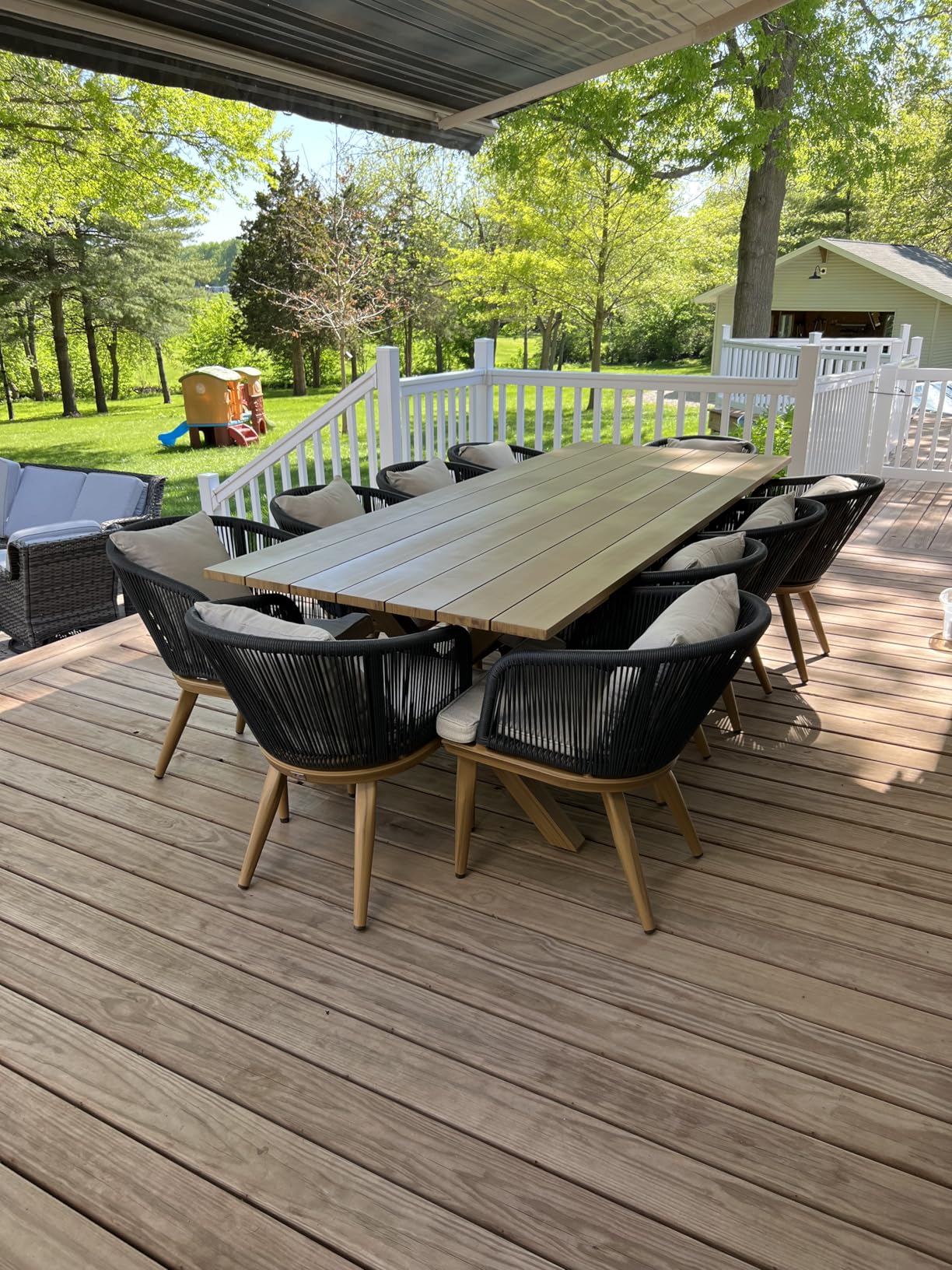 PURPLE LEAF 9 Pieces Patio Dining Set Wicker Outdoor Furniture Rectangular Table and Chairs Set for Garden Deck Teak-Finish Aluminum Frame Backyard Kitchen Set, Cushions and Pillows Included customer photo 2