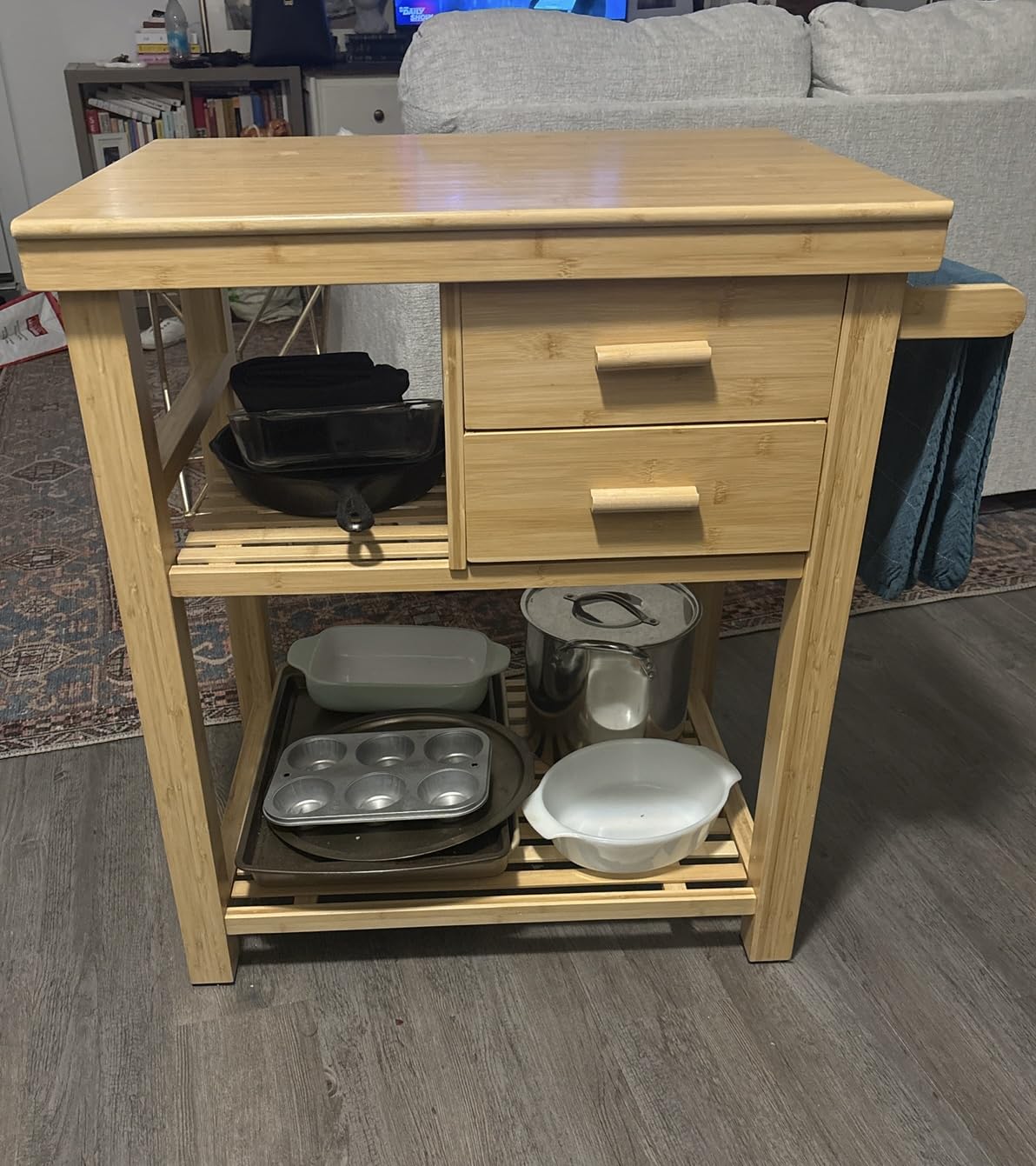 PETSITE Bamboo Kitchen Island Cart, Butcher Block Table on Wheels with Drawers, Shelves, Towel Rack customer photo 1