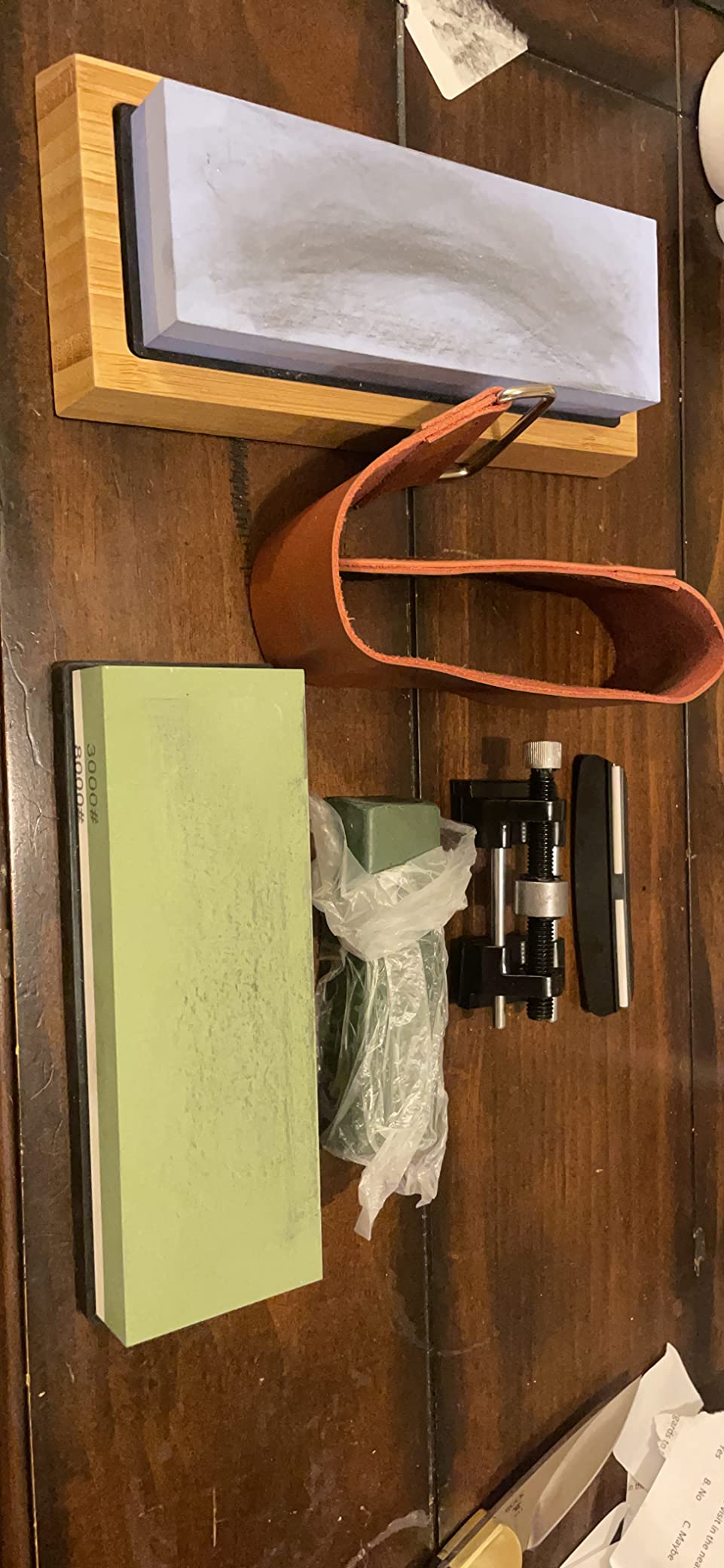 YeopAsda Knife Sharpening Stone Set - Premium 4 Side Grit 400/1000 3000/8000 Whetstone Sharpener Kit - Non-Slip Bamboo Base,Cut Resistant Gloves, Angle Guide,Flatting Stone,Honing Guide,Leather Strop customer photo 1