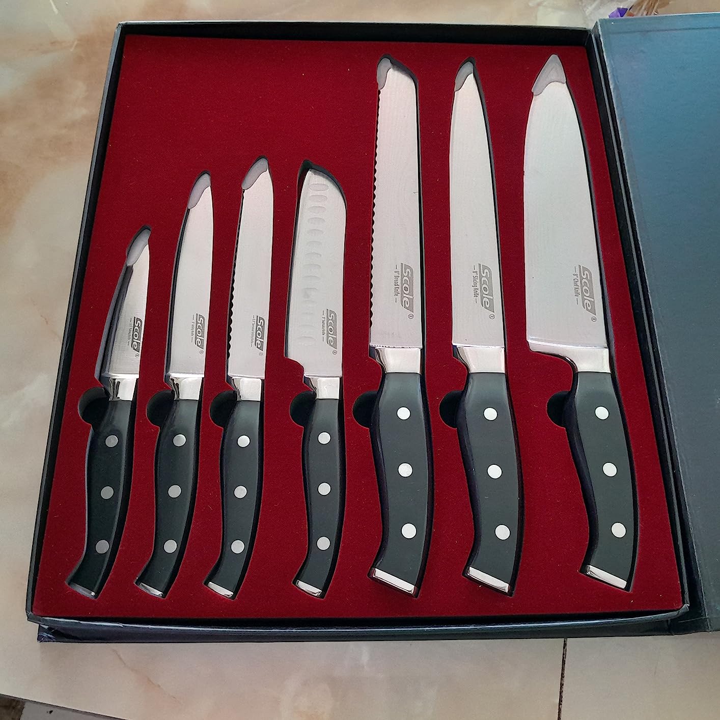 SCOLE Chef Knife Ultra Sharp Kitchen Knife Set 7-Piece, Premium German 1.4116 Stainless Steel Chefs Knife Set, Ergonomic Handle Professional Full Tang Knives Set for Kitchen with Gift Box customer photo 2