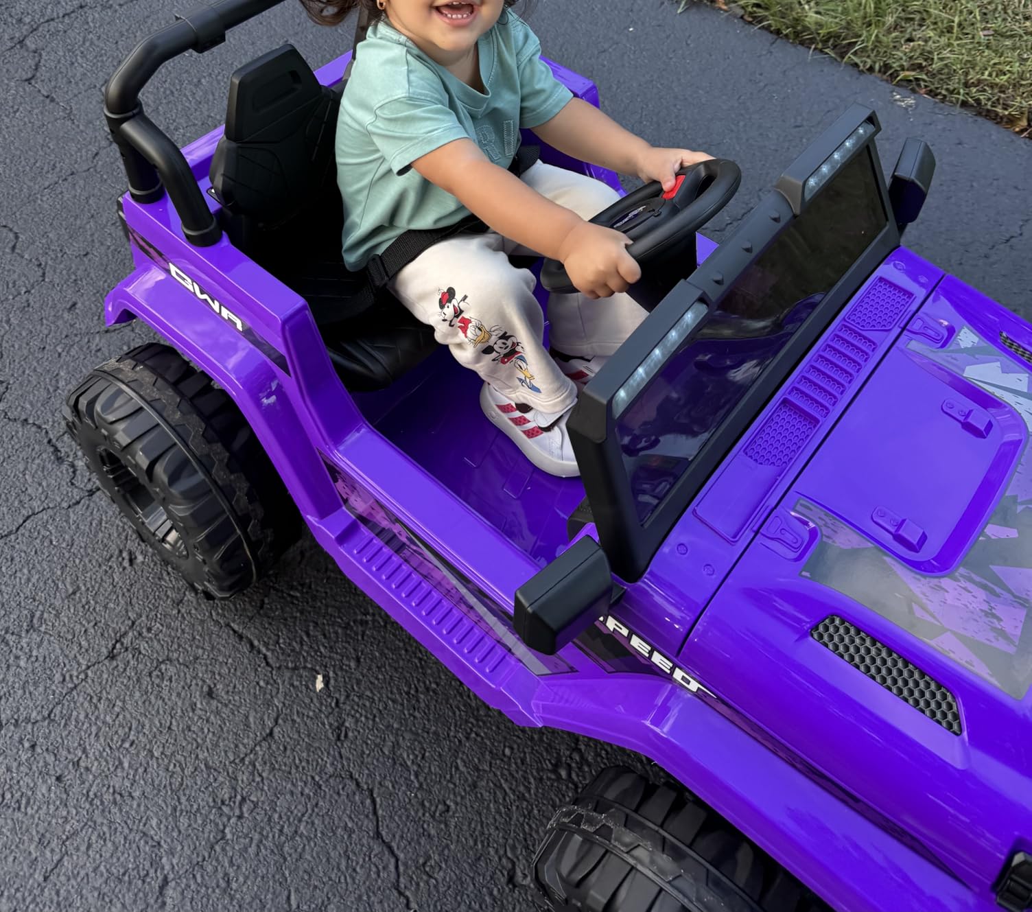 INFANS Kids Ride on Car Truck with 2.4G Remote Control, 12V Battery Powered Electric Cars for Kids w/3 Speeds, Battery Display, LED Lights, Safety Belt, Music & Horn, Bluetooth/FM/USB (Purple) customer photo 2