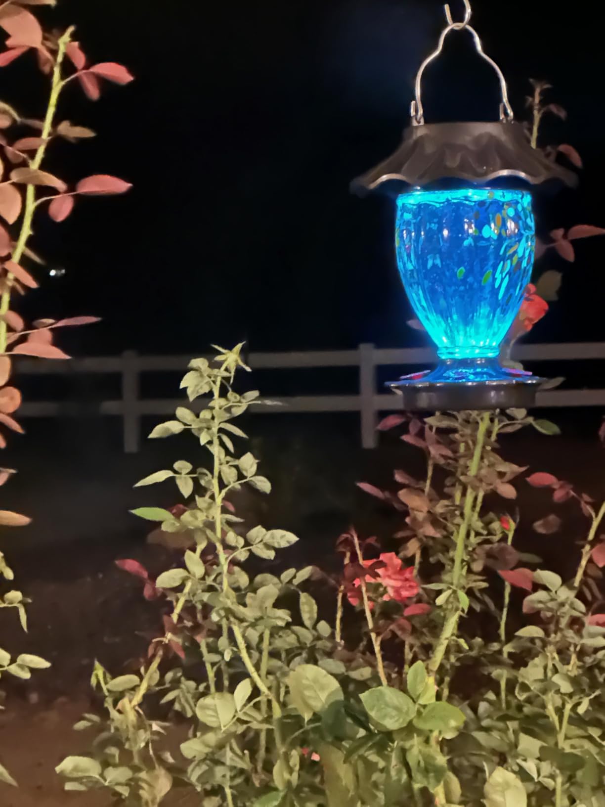 LUJII Solar Powered Color Changing Hummingbird Feeder for Outdoors Hanging, Hand Blown Glass Reservoir, 32 fl.oz, Never Leak, Illuminated Lantern for Garden Decor, for Bird Lover (Teal) customer photo 1