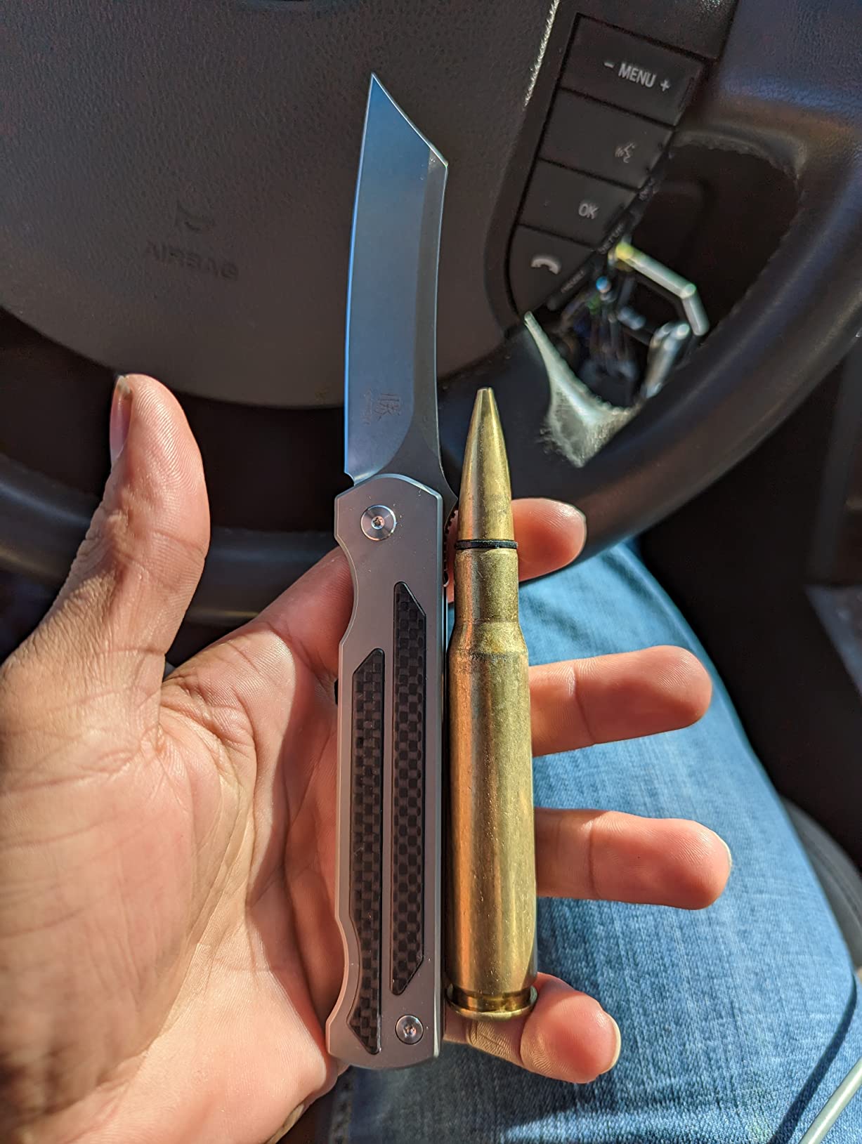 KATSU S35VN Steel Blade Folding Knife, Titanium Pocket Knife for Men Carbon Fiber Handle, Frame Lock Japanese Style Front Flipper EDC Knife with Clip Stonewash Leather Sheath customer photo 2