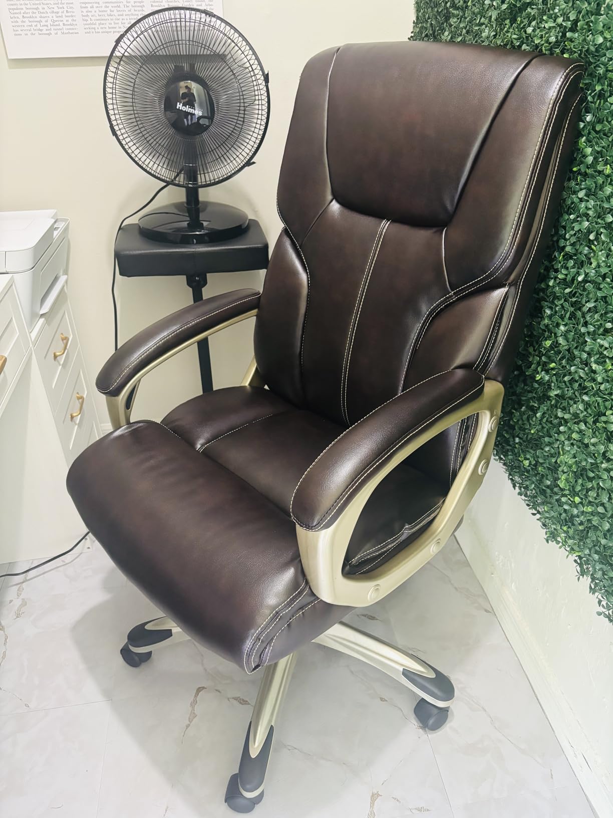 Amazon Basics Executive High Back Office Chair, Adjustable Height, Tilt, Swivel, Padded Seat, Bonded Leather, Wheels, Black/Silver customer photo 2
