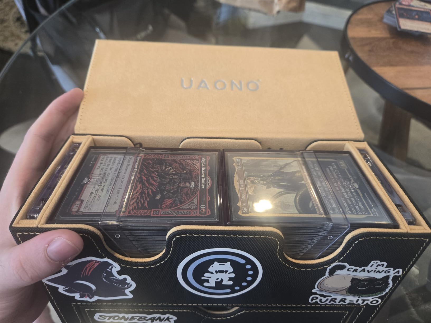 UAONO Card Deck Box for MTG, Double Storage Box with 2 Commander Display & 1 Dice Tray, Fits 200+ Double Sleeved, Organizer for CCG TCG Sports(Black Gray) customer photo 1