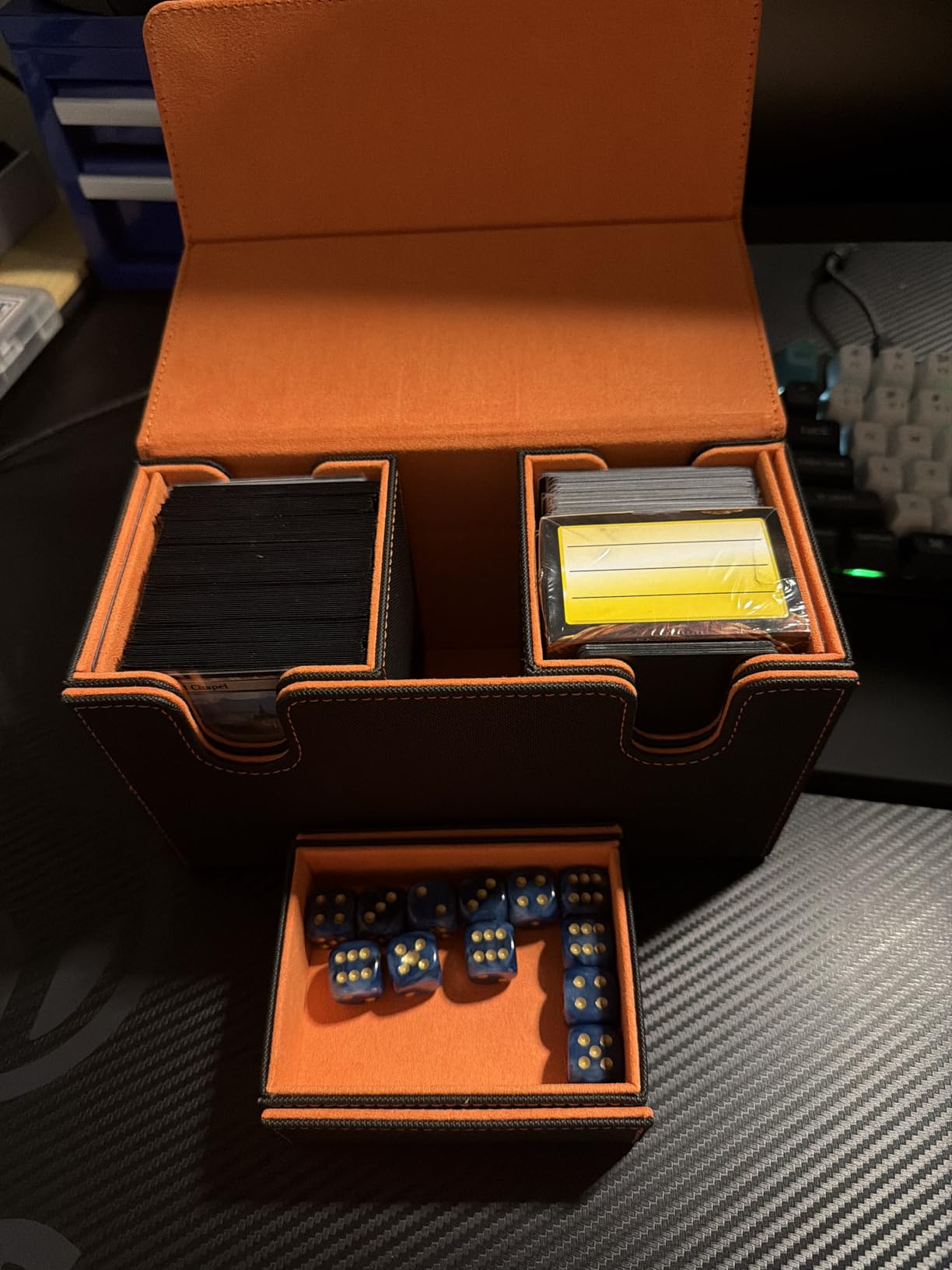 TiMOVO MTG Deck Box, Commander Deck Case Fits 200+ Double-Sleeved Cards, Magnetic Leather Card Storage Box with 2 Commander Display & 4 Dividers & Dice Tray Fit YuGiOh TCG CCG Magic Cards, Black+Gray customer photo 1