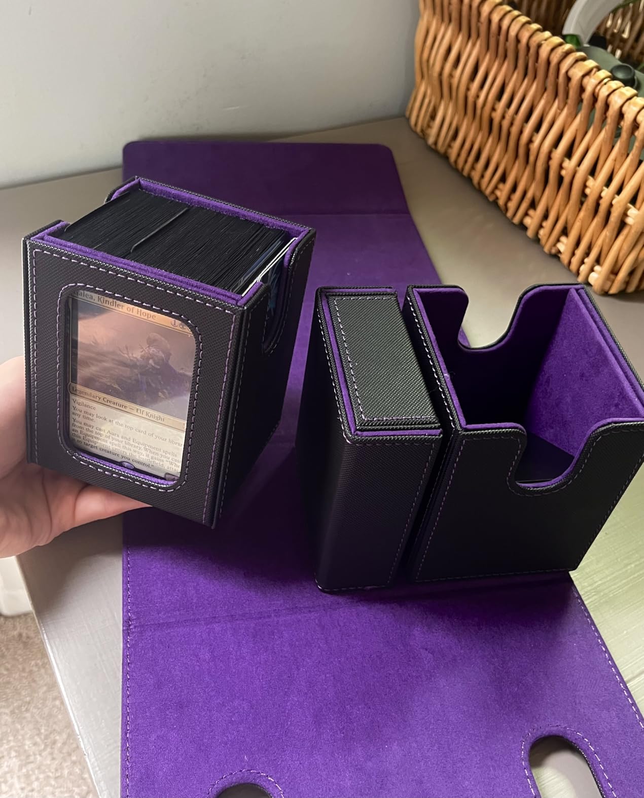 TiMOVO MTG Deck Box, Commander Deck Case Fits 200+ Double-Sleeved Cards, Magnetic Leather Card Storage Box with 2 Commander Display & 4 Dividers & Dice Tray Fit YuGiOh TCG CCG Magic Cards, Black+Gray customer photo 2
