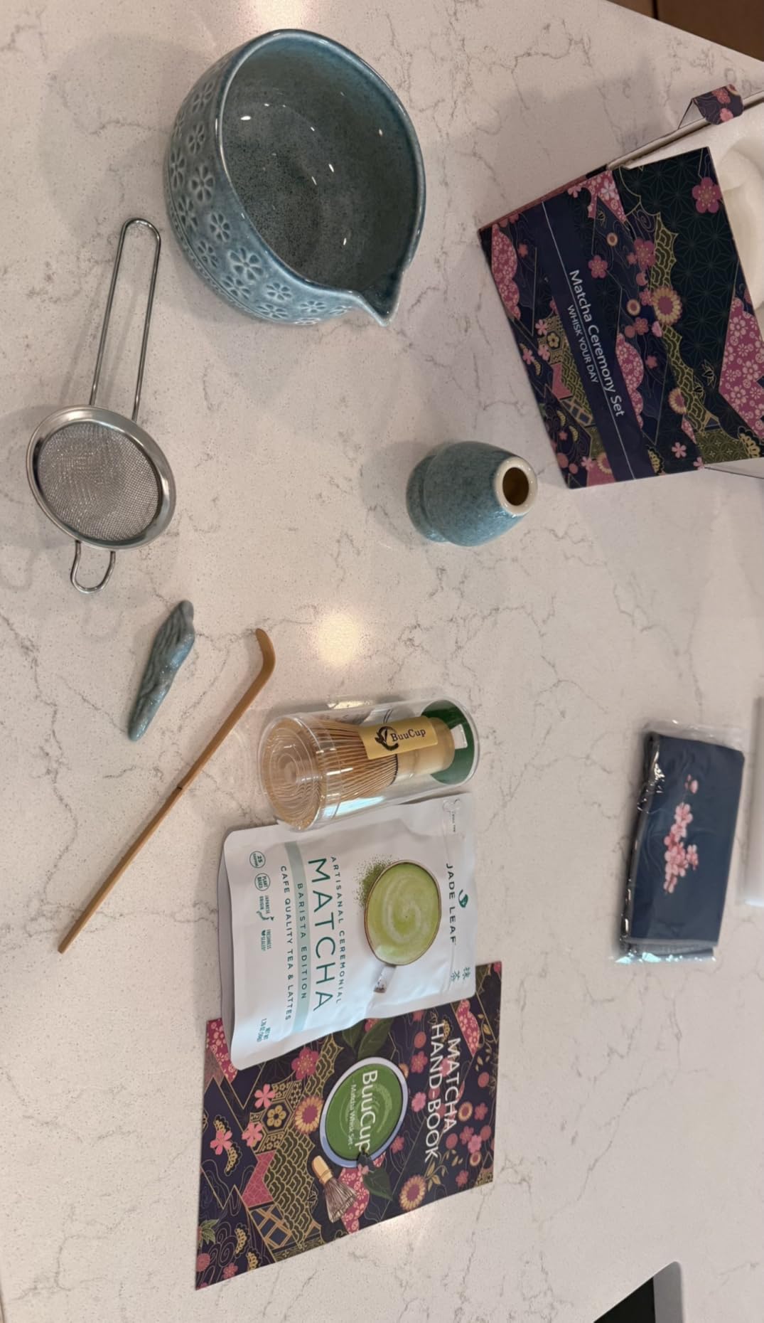 Buucup Matcha Whisk Set, Ceramic Matcha Kit Set Includes Matcha Bowl, Matcha Whisk and Holder, Bamboo Scoop, Scoop Rest, Sifter and Tea Towel - 7 Pcs Matcha Kit for Matcha Lovers (Mottled Green) customer photo 2