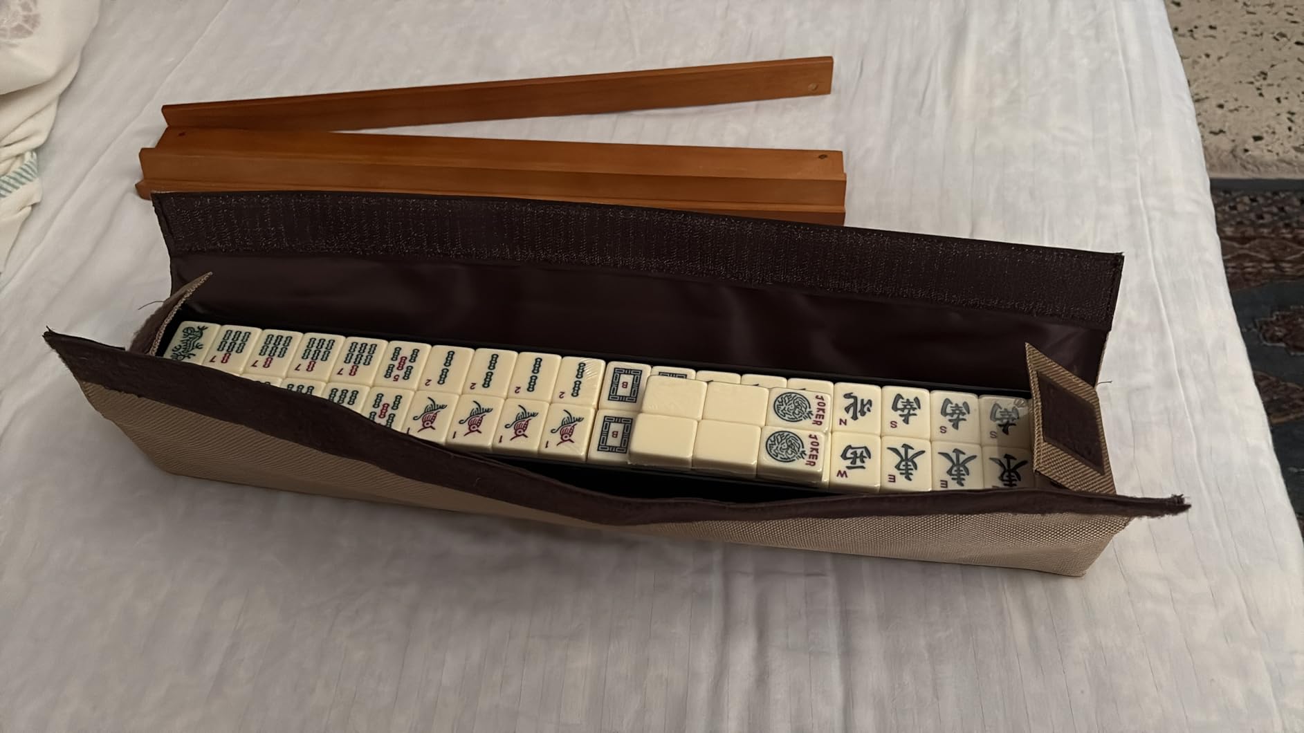 Yellow Mountain Imports American Mahjong Set, Harbor Mint with Beige and Blue Canvas Tote Bag - 4 All-in-One Racks with Pushers, Wright Patterson Scoring Coins, Dice, & Wind Indicator customer photo 1