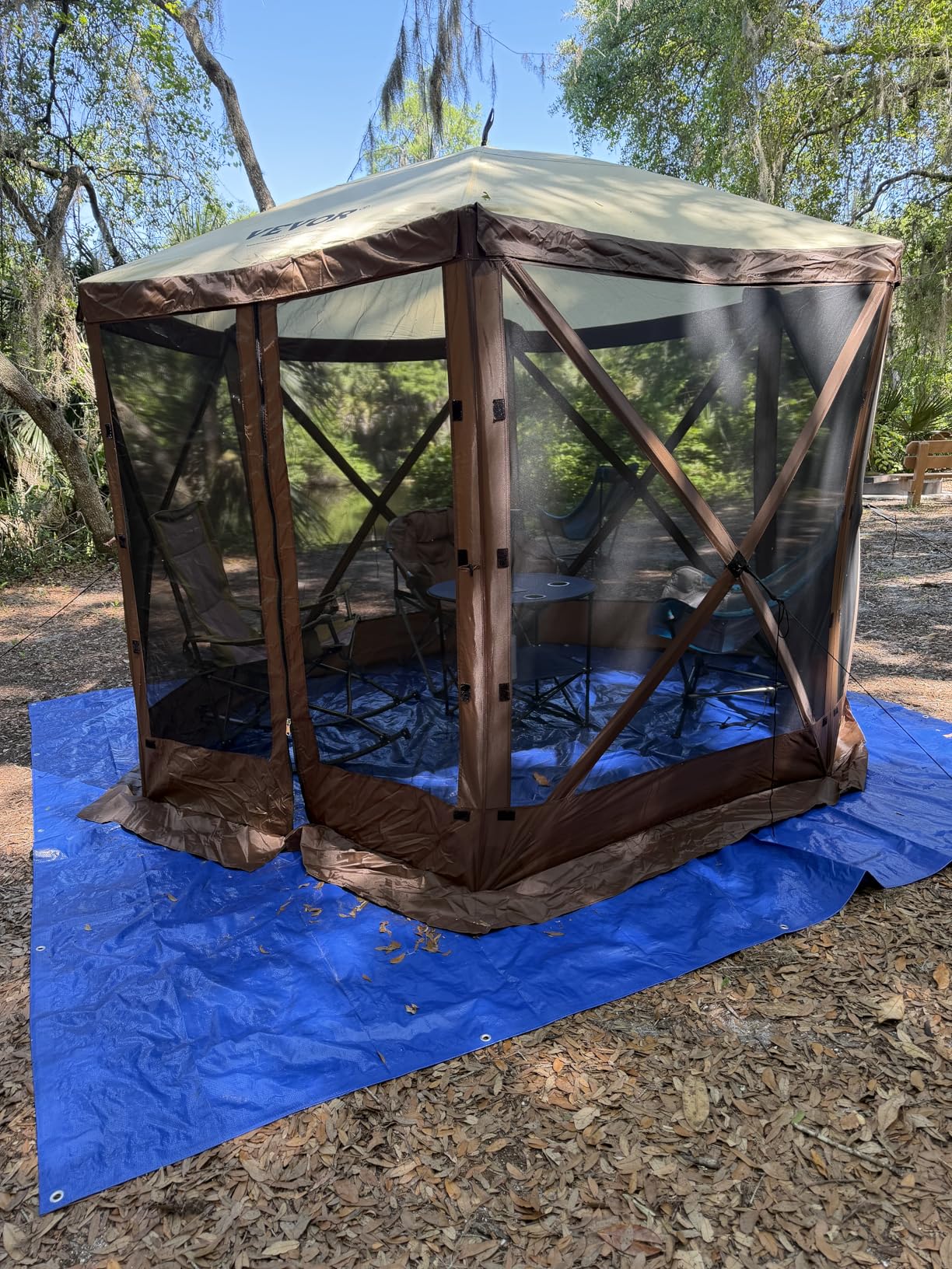 VEVOR Pop Up Gazebo Screen Tent 6 Sided Canopy Sun Shelter with 6 Removable Privacy Wind Cloths & Mesh Windows, 11.5x11.5FT Quick Set Screen Tent with Mosquito Netting, Brown customer photo 2