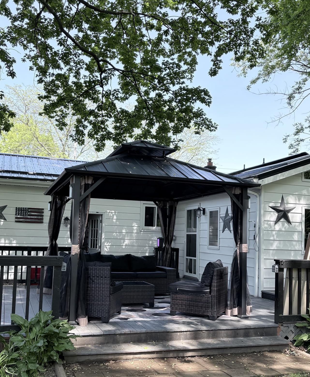 Modern Shade The Horizon Hardtop Gazebo 10' x 12' with 4 LED Lights, Permanent Outdoor Gazebo with Galvanized Steel Double Roof, Grill Pavilion with Decor Hooks, Mosquito Nettings, Black customer photo 1