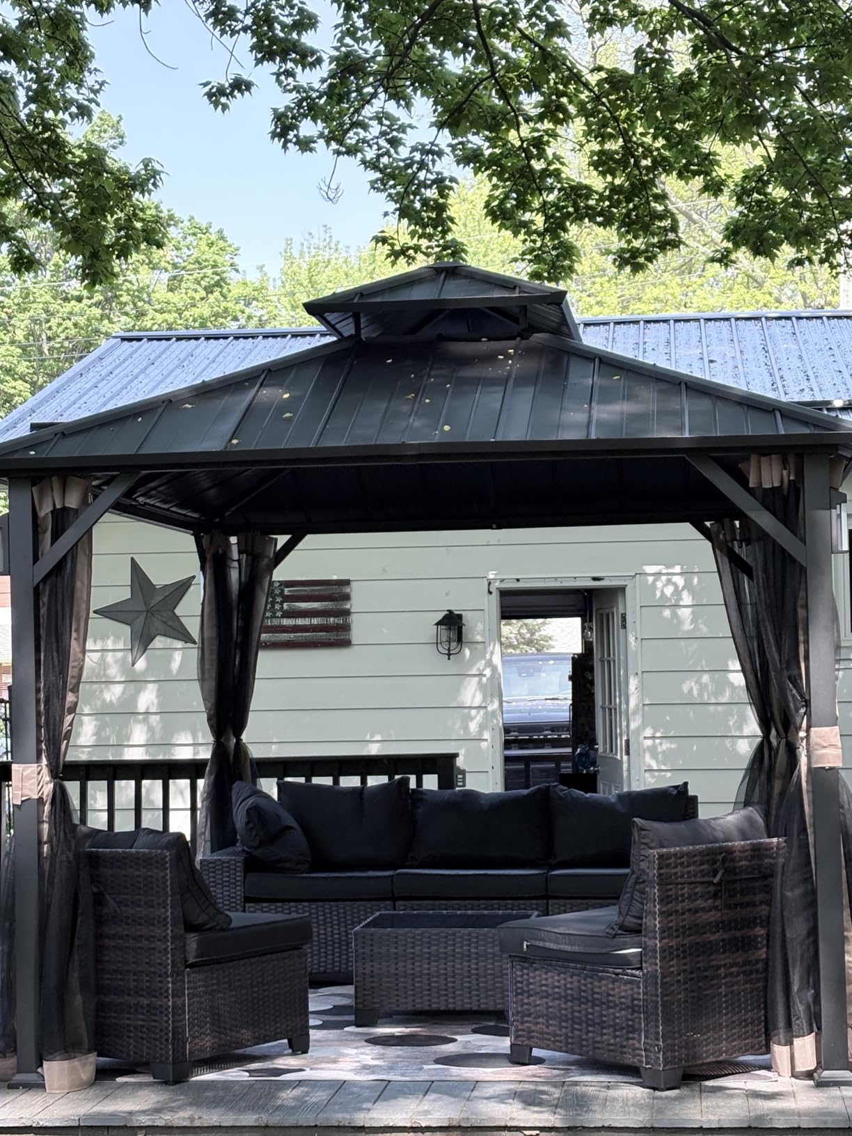 Modern Shade The Horizon Hardtop Gazebo 10' x 12' with 4 LED Lights, Permanent Outdoor Gazebo with Galvanized Steel Double Roof, Grill Pavilion with Decor Hooks, Mosquito Nettings, Black customer photo 2