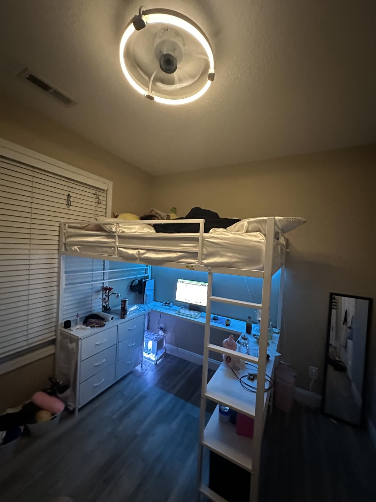 ADORNEVE Loft Bed Full Size with U-Shaped Desk, 6 Storage Drawers, Power Outlet, LED Metal Loft Bed with 2 Storage Shelves, Bed with Safety Guardrail & Ladders,Space-Saving,White customer photo 2