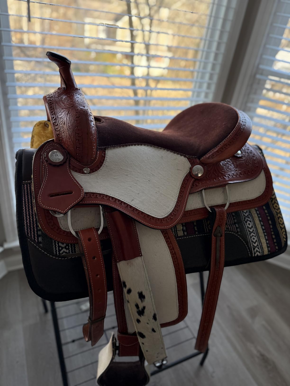 Western Barrel Saddle Set Brown Hand Tooled Leather Hair On Cowhide Horse Saddle with Headstall, Breast Collar & Reins for Rodeo, Trail & Pleasure Riding customer photo 2