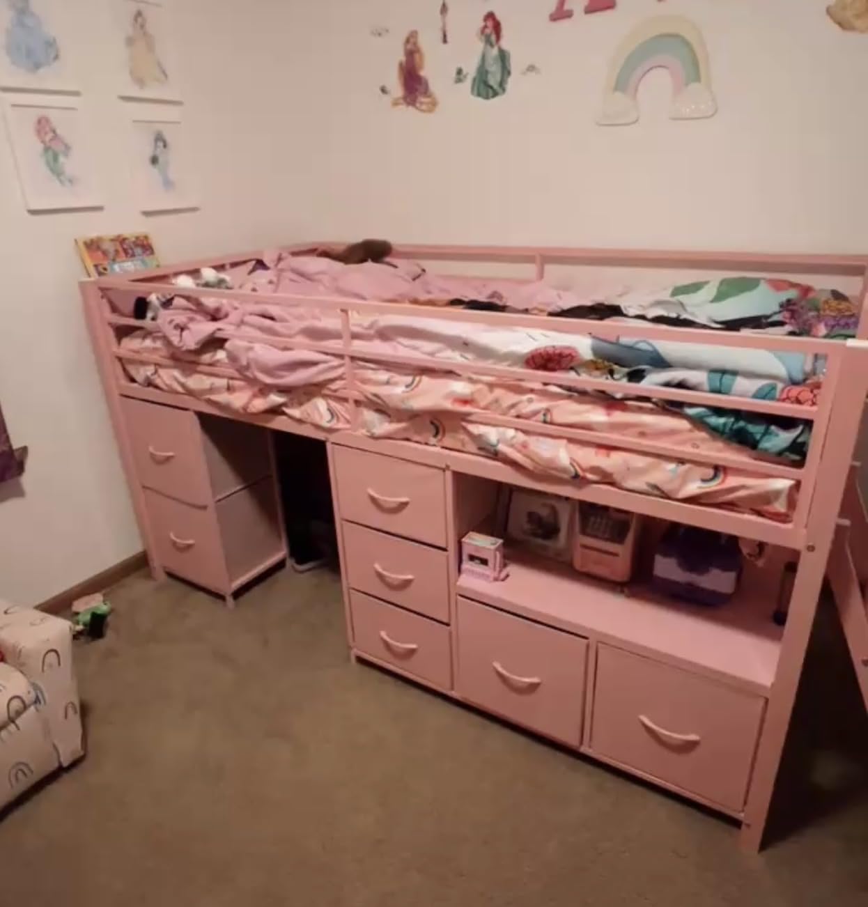 ADORNEVE Low Loft Bed Twin Size with 7 Storage Drawers, Bookcase and LED Lights, Metal Kids Loft Bed with 14