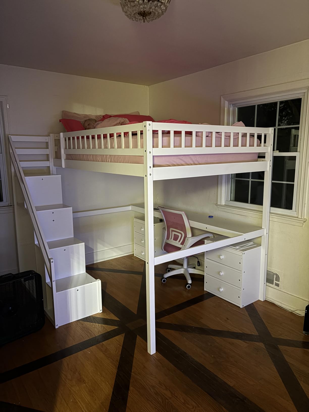Merax Full Size Wood Loft Bed with Stairs, Built-in Desk, 2 Storage Drawers & Lights, Space Saving Bed for Teens, Adults, Study Loft Bed with Underbed Storage, White customer photo 1