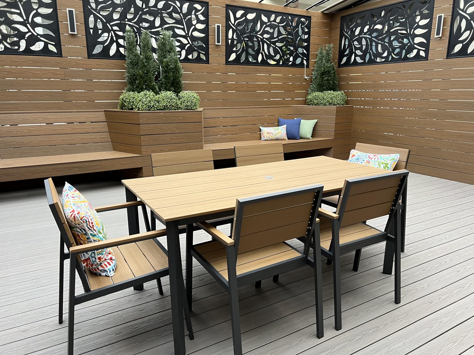 Outdoor Dining Set, Aluminum Patio HDPS Outdoor Table and Chairs Set with Umbrella Hole, All Weather Patio Furniture Set, Patio Dining Table Set, Gray & Teak, 7 Pieces customer photo 1