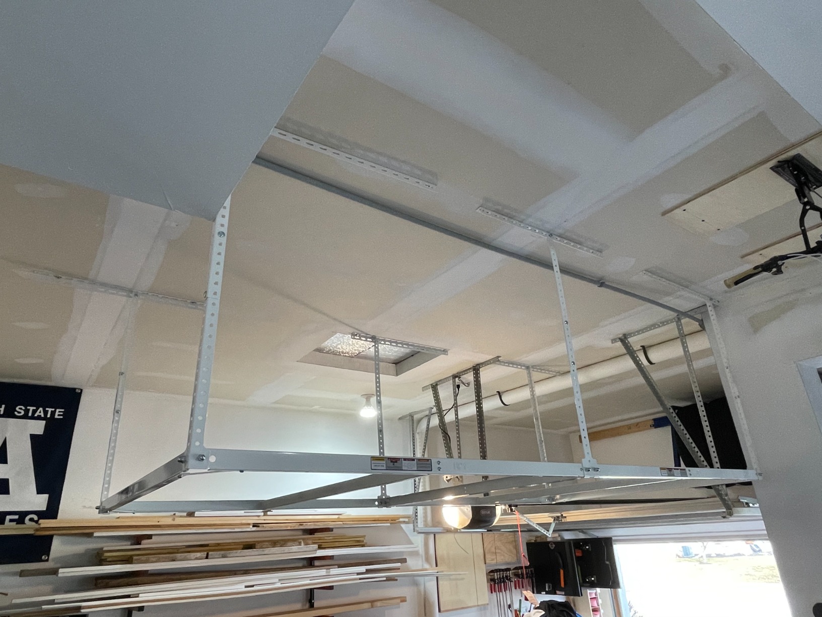 FLEXIMOUNTS 4x8 Overhead Garage Storage Rack with 6 Hooks, Adjustable Storage Organization System, Heavy-Duty Metal Ceiling Racks, 22.6