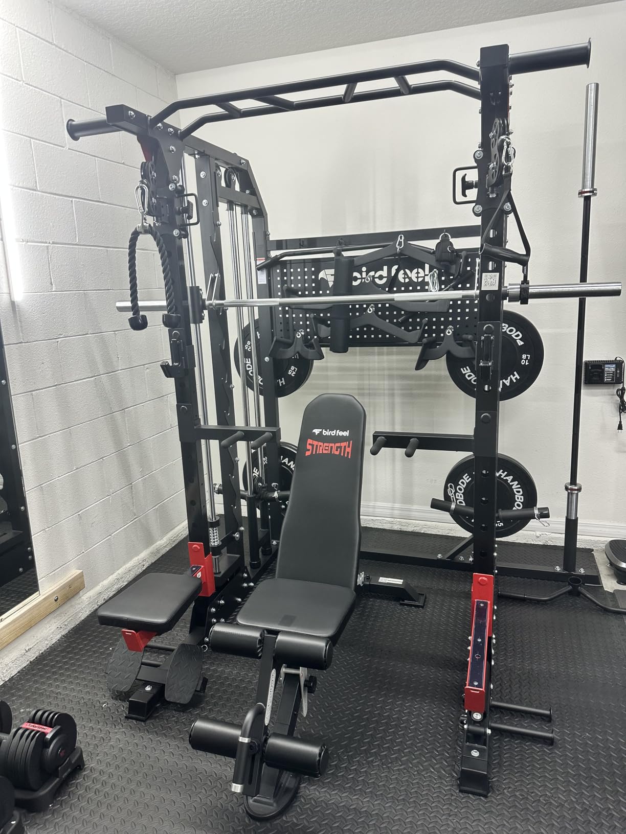 Multi-Function 2000LB Smith Machine Power Cage, Home Gym Squat Rack Featuring LAT Pulldown, Dual Pulley Cable Crossover, Gym-Quality Power Rack with Strength Training Attachments, Pegboard customer photo 1