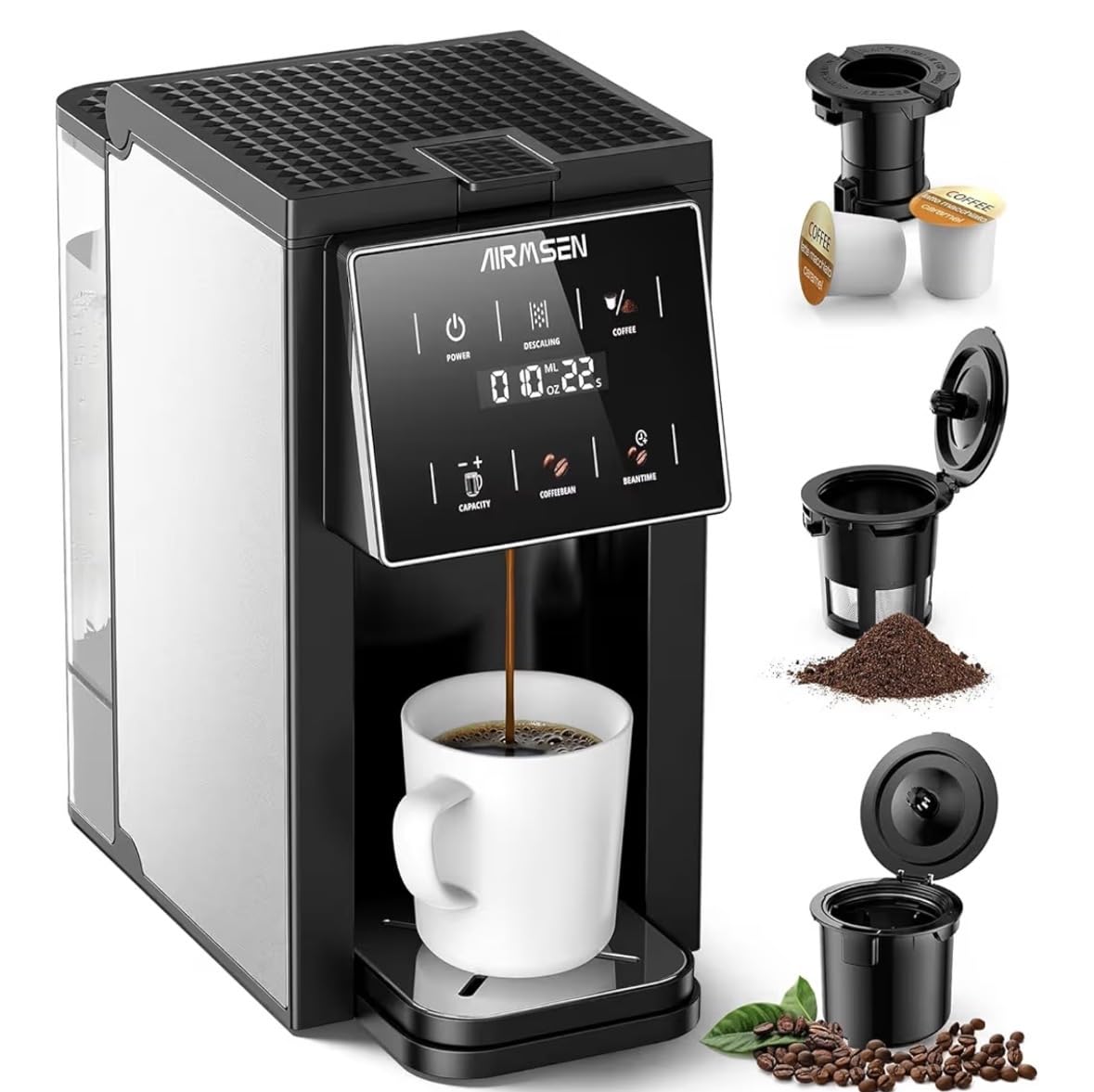 AIRMSEN Grind & Brew Coffee Maker with Built-in Grinder (2026 Model) - Single-Serve, Compatible with K-Cup Pods & Ground, 1000W Fast 6-14oz Brewer, Descaling Alert, Touchscreen & 50oz Removable Tank customer photo 2